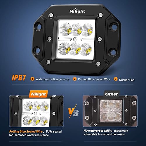 Miniatura 7 de Nilight Barra de luz LED, 2 piezas de 18 W, montaje empotrado, luces LED todoterreno de 12 V, 5 pines, interruptor basculante, barra de luz LED, kit