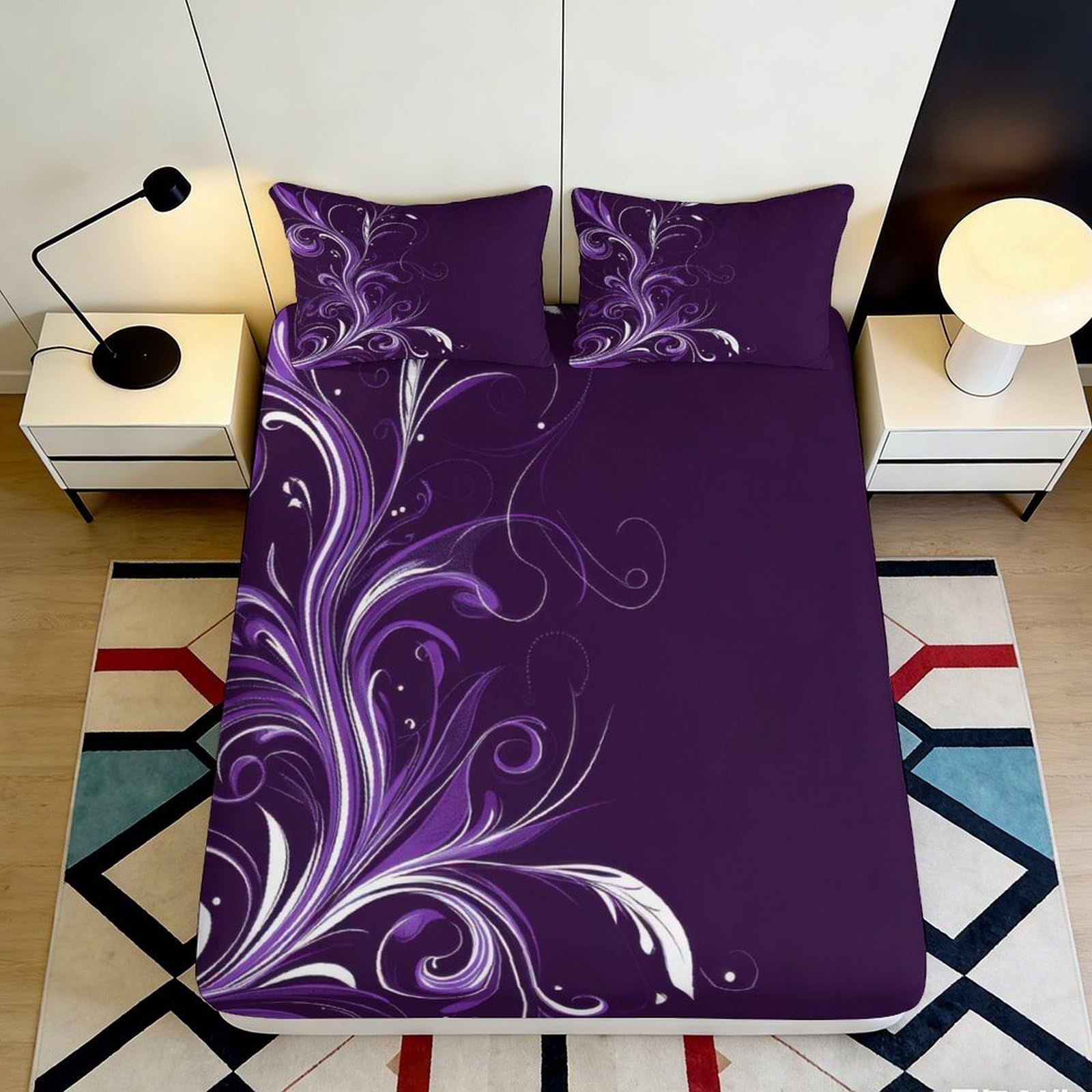 3D Printed Purple Floral Fitted Sheet Microfiber Soft Breathable Swirl Bed Cover for Bedroom Dormitory Guest Room Mattress Protection Decor 160x200x25cm