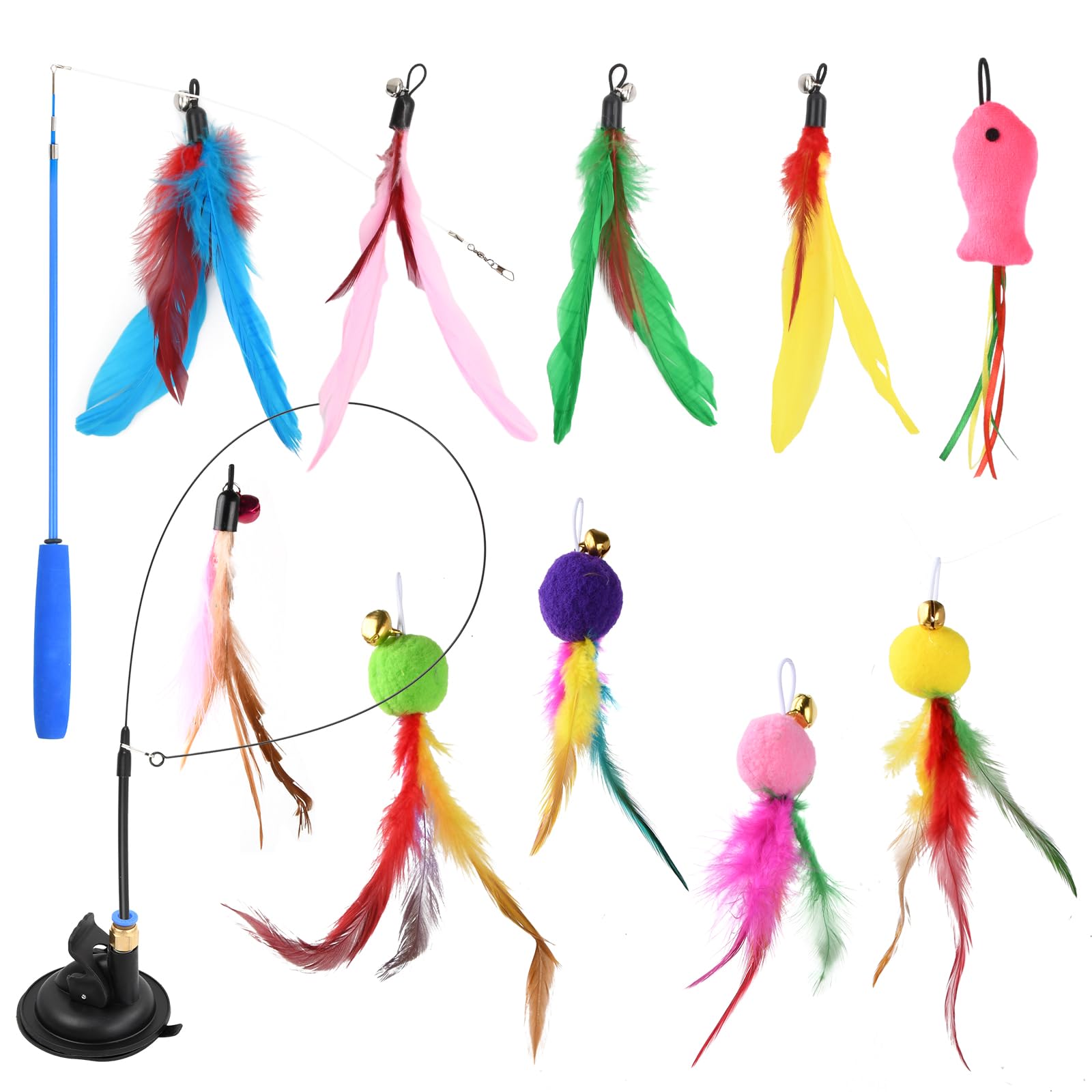 Cozlly 12 Piezas Juguetes para Gatos, Juguetes Interactivos para Gatos de Interior, Juguetes de Plumas para Gatos, Juguete para Gato con Ventosa, para Ejercitar Gatos y Gatitos