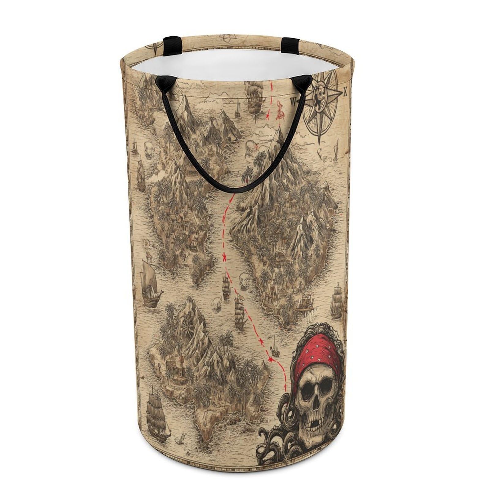 LUYYSKY Rustic Abstract Treasure Map Versatile Storage Laundry Basket, Retro Watercolor Antique Map Pirate Ship Palm Trees Compass Large Bathroom Laundry Hamper With Handle-40 CM Dia, 69 CM High