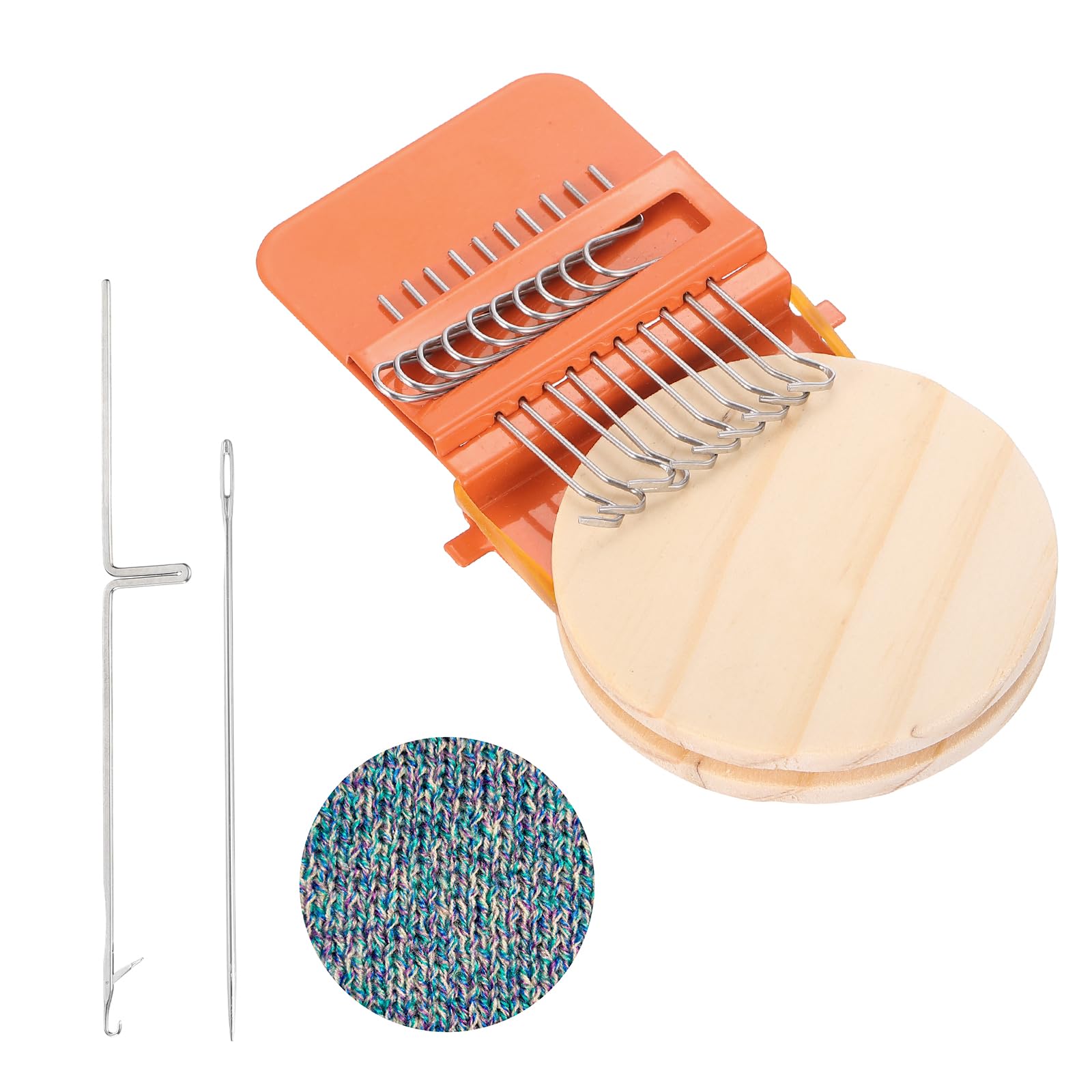 MECCANIXITY Mini Darning Loom, 10 Hooks Wood Weaving Knitting Machine with Knitting Needles for Repair Jeans Socks DIY Craft, Knit Patch Loom Weave Tool, Orange-image-8