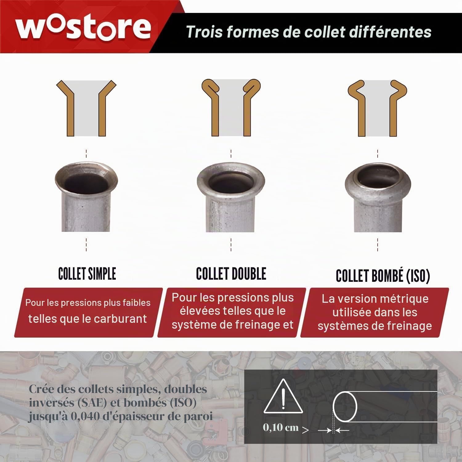 Wostore Double appareil à évaser pour tuyau de frein avec coupe-tubes et ébavureur de tuyaux, évasements simple, double (SAE) et à bulles (ISO) pour tuyaux en cuivre, plastique, aluminium, 3/16-5/8