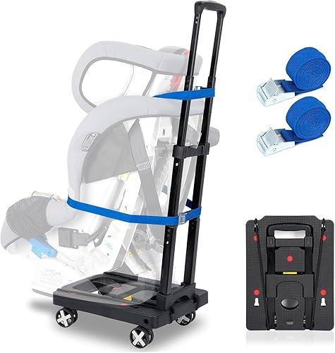 Carrito de viaje para asiento de automóvil para aeropuerto, asiento de automóvil, rodillo, plegable, con correas azules, carrito de equipaje para