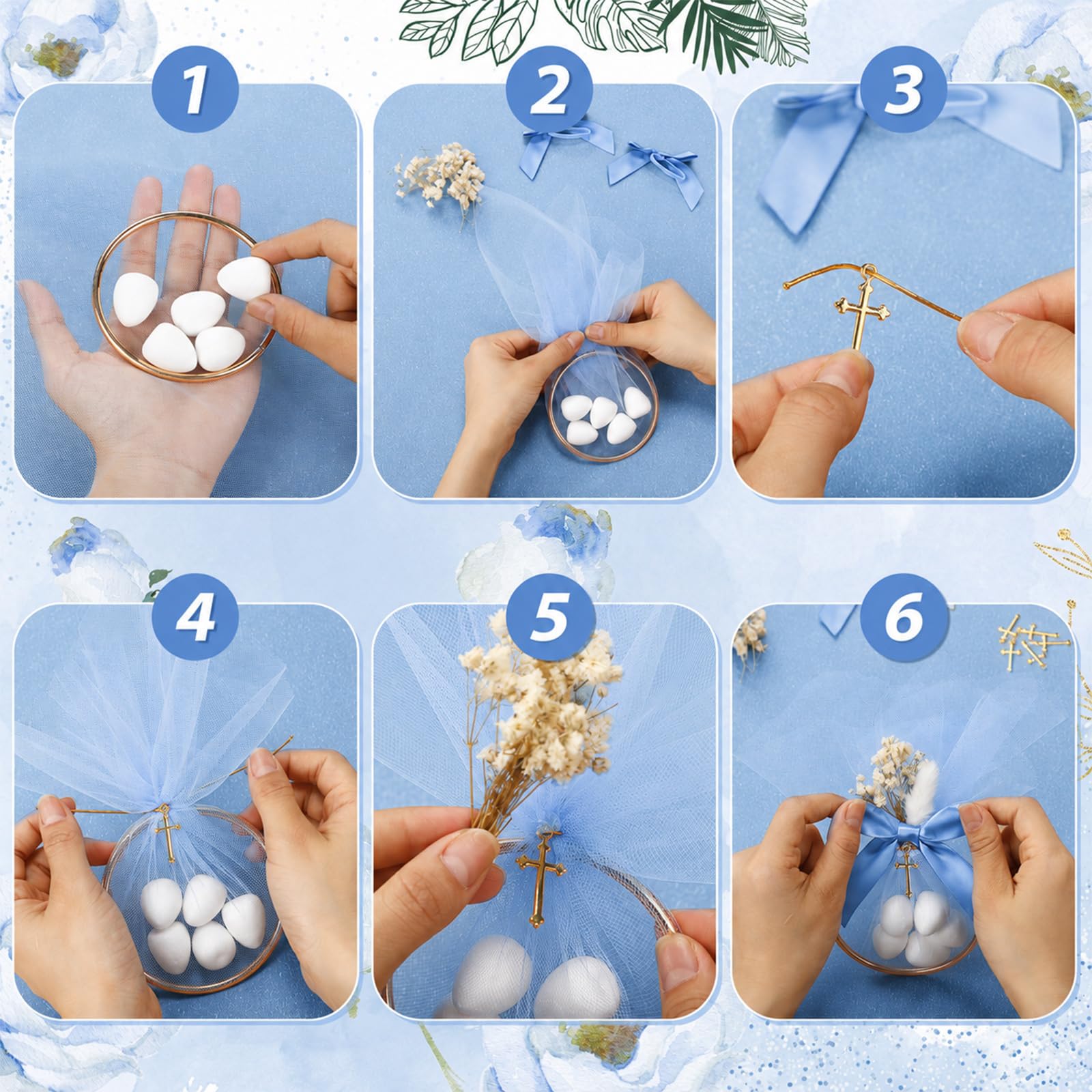 Geelin Set di 24 sacchetti di tulle per battesimo, mandorle, per bomboniere fai da te, per feste, prima comunione, per ospiti, matrimoni, addio al nubilato, senza mandorle (blu)