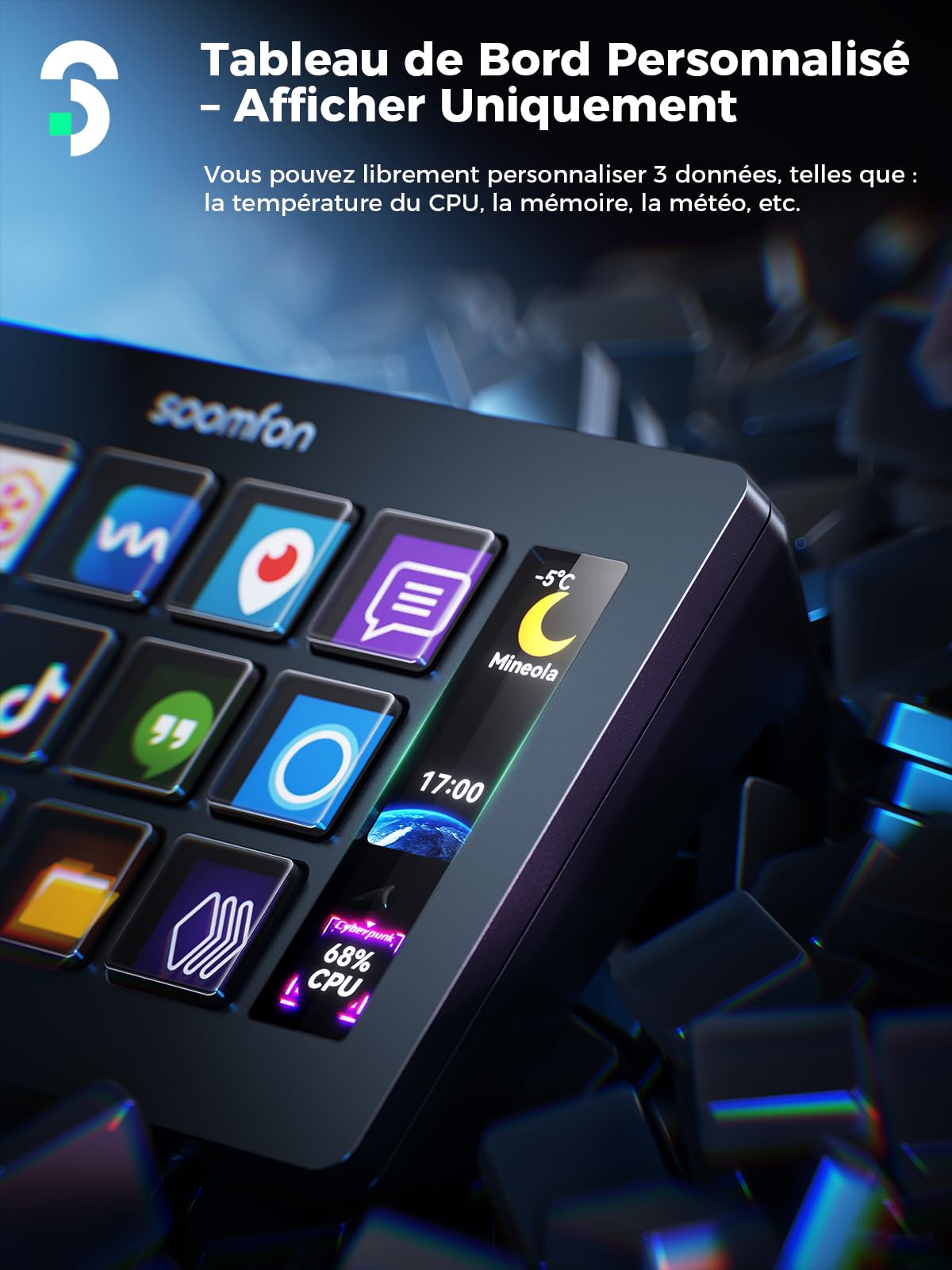 SOOMFON Stream Controller, Production Console Deck 15 Touches Macro, Stream Control Deck Déclencher des Actions dans OBS, Twitch, YouTube, Streamlab et autres, Stream Contrôleur Deck Compatible PC/MAC