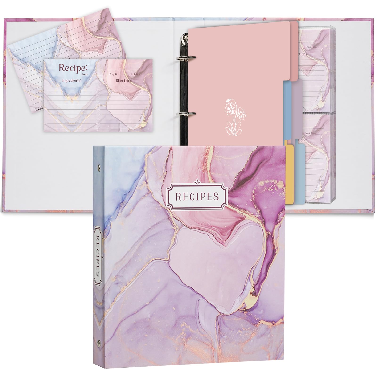 Hi why 3 Ring Binder 8.5x9.5, Full Page Organizer Set with 25 Slots & 50 Recipe Cards & 6 Dividers, Recipe Book for Slim Kitchen Design Pink