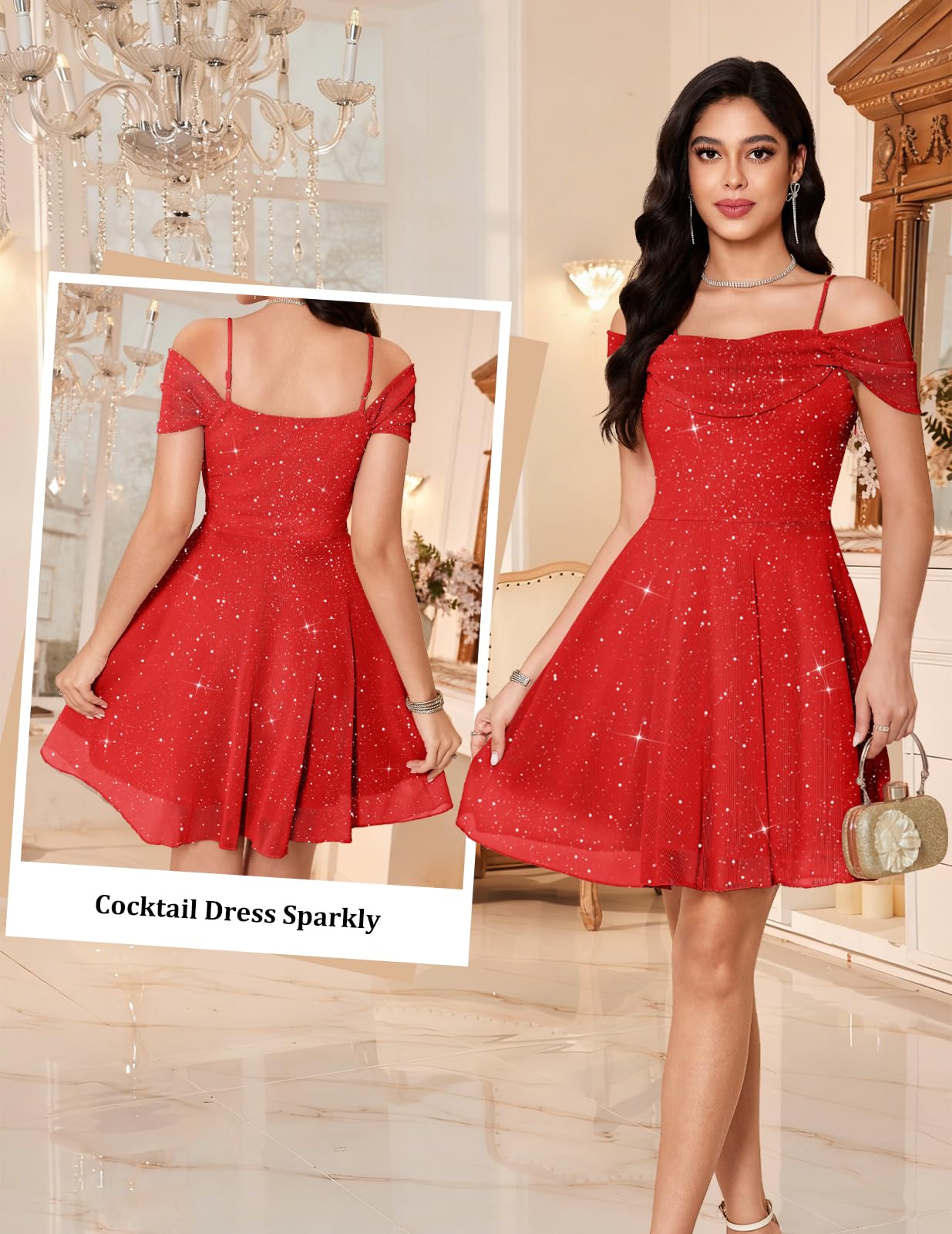 Meetjen Robe de bal scintillante pour femme - Épaules dénudées - Robe courte en tulle avec bretelles spaghetti