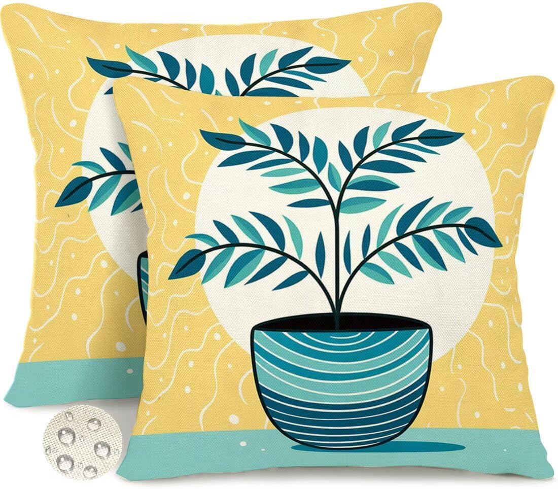 Wangllpgy Yellow Outdoor Cushions 35Cm X 35Cm Set Of 2 Waterproof Cushion Covers Potted Plants Garden Cushions Summer Decorative Pillows Throw Pillow Covers Double-Sided For Outdoor Patio Garden Sofa -Gy466