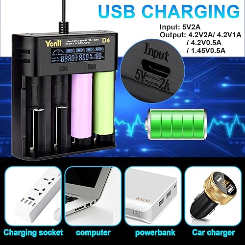 Miniatura 5 de Cargador de batería 18650, cargador de batería recargable de 4 bahías con pantalla LCD para baterías recargables de litio 3.7 V 18650 26650 21700