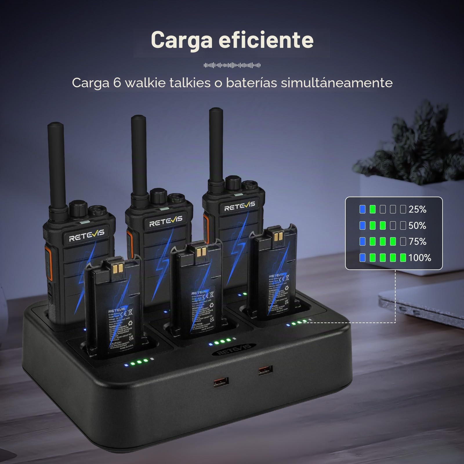 Retevis RB626H Walkie Talkie Largo Alcance, Profesionales Radio Bidireccionales Cargador de 6 Vías Carga Rápida, 2000mAh, VOX, Walkie Talkie Portátil para Seguridad, Escuelas(Negro, 6 Piezas)