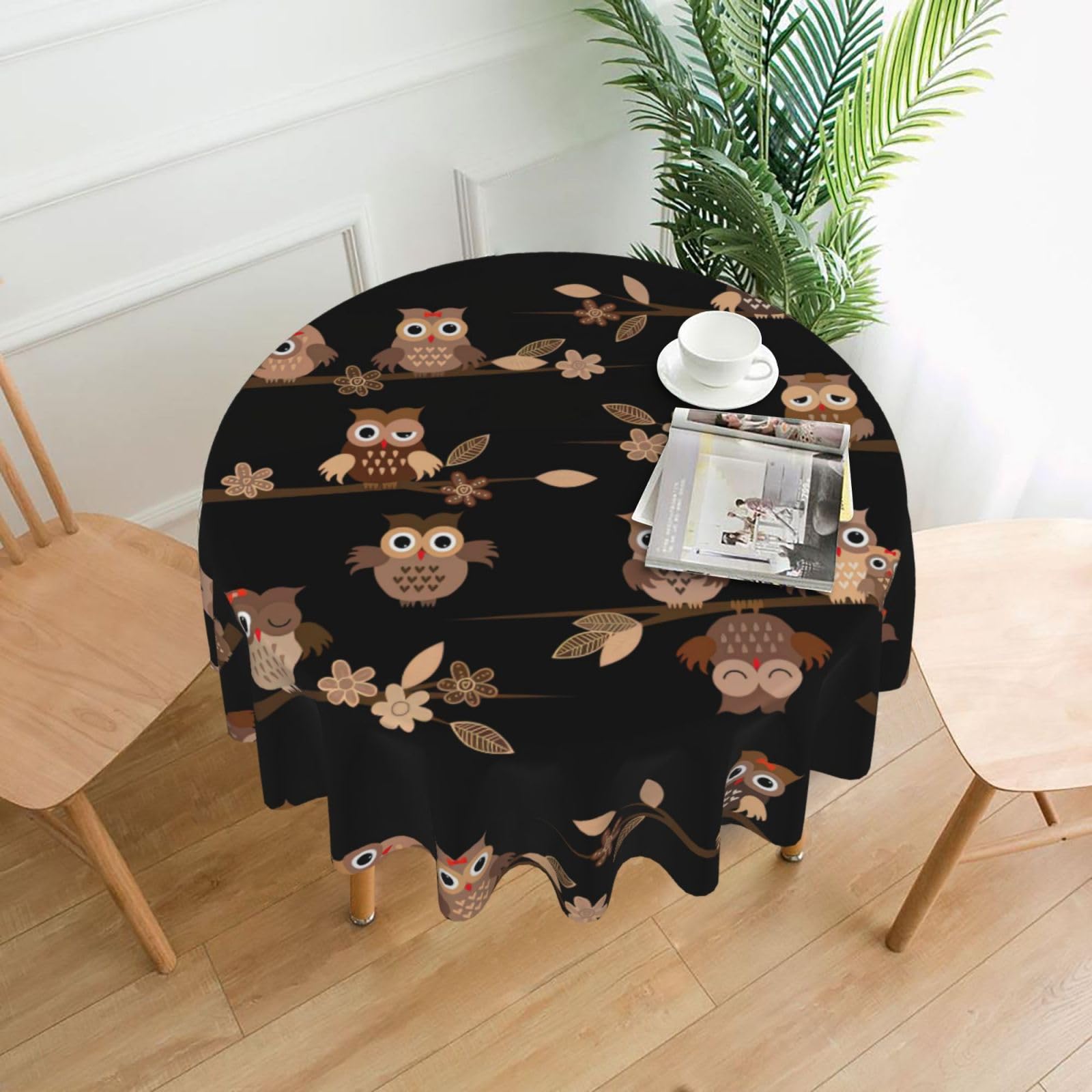 DEXNEL Cute Brown Cartoon Owls Print 60'' Round Tablecloth Retro Polyester Washable Cover for 4-6 Seat Dining Table Boho Decor