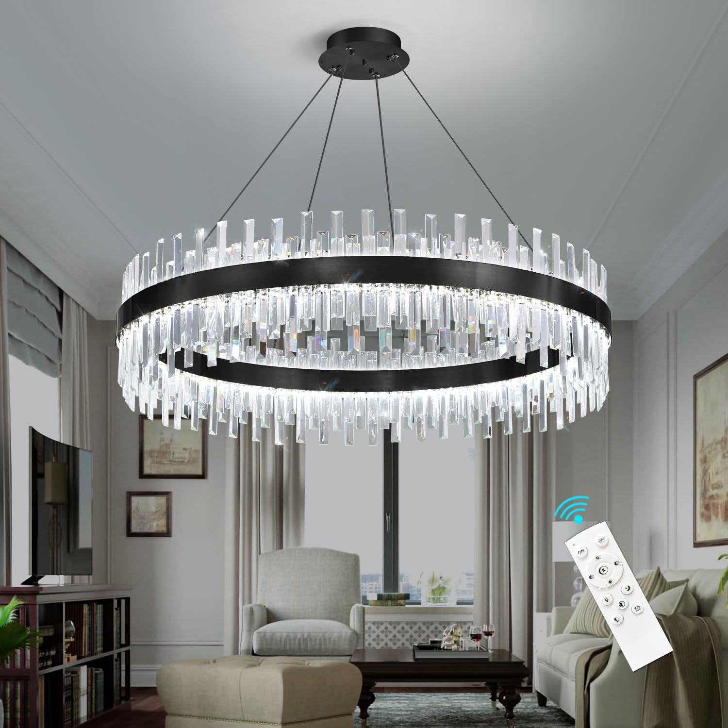 Glam Crystal Chandelier Interior Ring Chandeliers with Remote Dimmable LED Light Adjustable Hanging Lights Luxury Ceiling Pendant Lighting Fixtures for Living Dining Bedroom Foyer Black Light