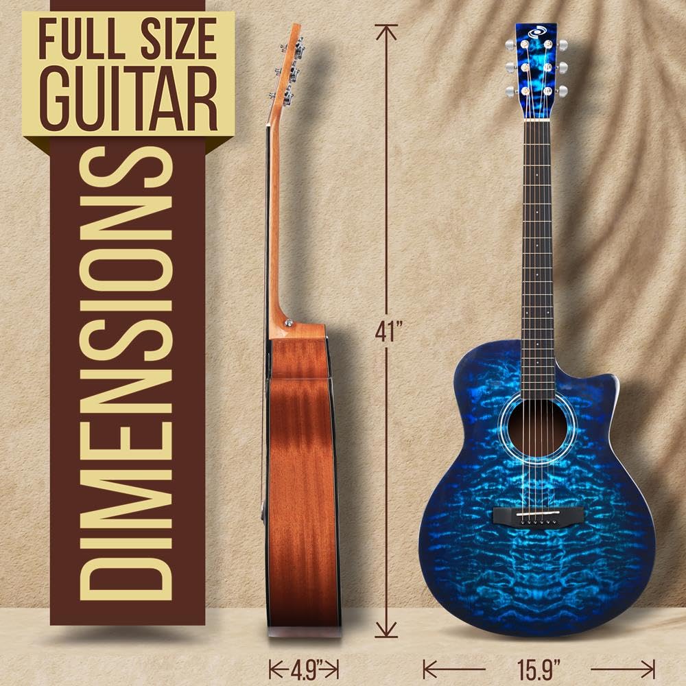 Pyle Guitarra acústica, guitarra clásica de tamaño completo, cuerda de acero, azul de 41 pulgadas, bolsa de concierto, afinador, cuerdas adicionales, correa, púas, diestros