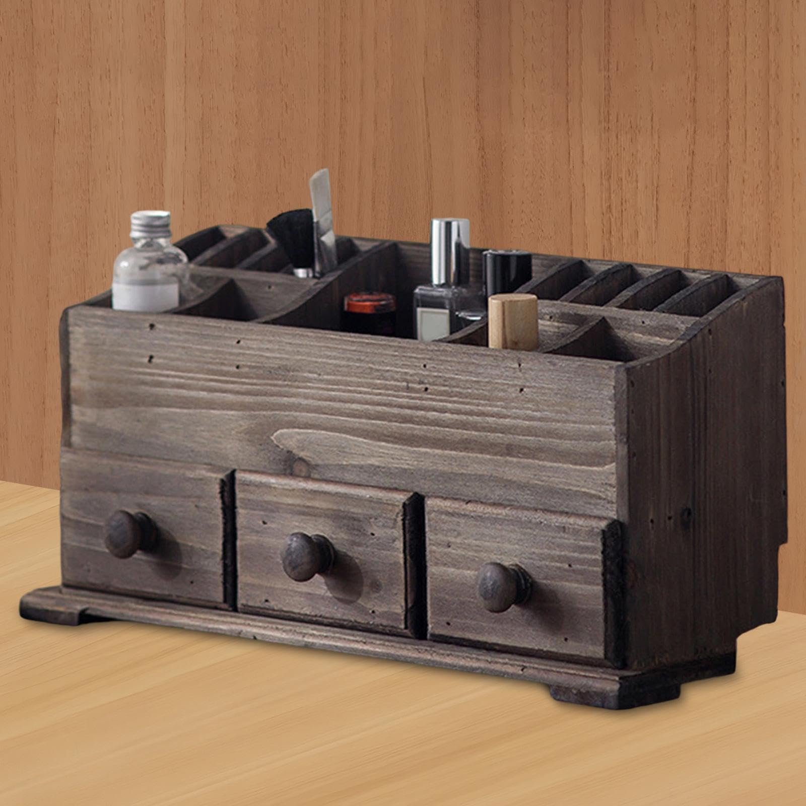 jojomis Organiseur de maquillage rustique pour maquillage - Boîte de rangement rustique pour cosmétiques et salle de bain - 40 x 14 x 19 cm - Marron