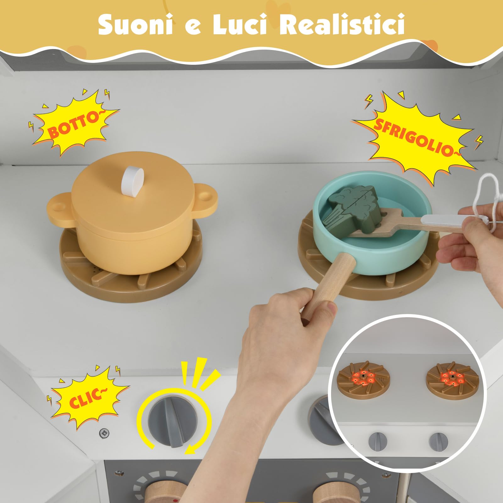 COSTWAY Cucina Giocattolo Angolare in Legno, Set di Cucina Giocattolo per Bambini con Pattumiera Estraibile, Tenda, Lavandino, Fornelli, Microonde, Forno, Lavatrice, per Bambini 3+ Anni (Grigio)