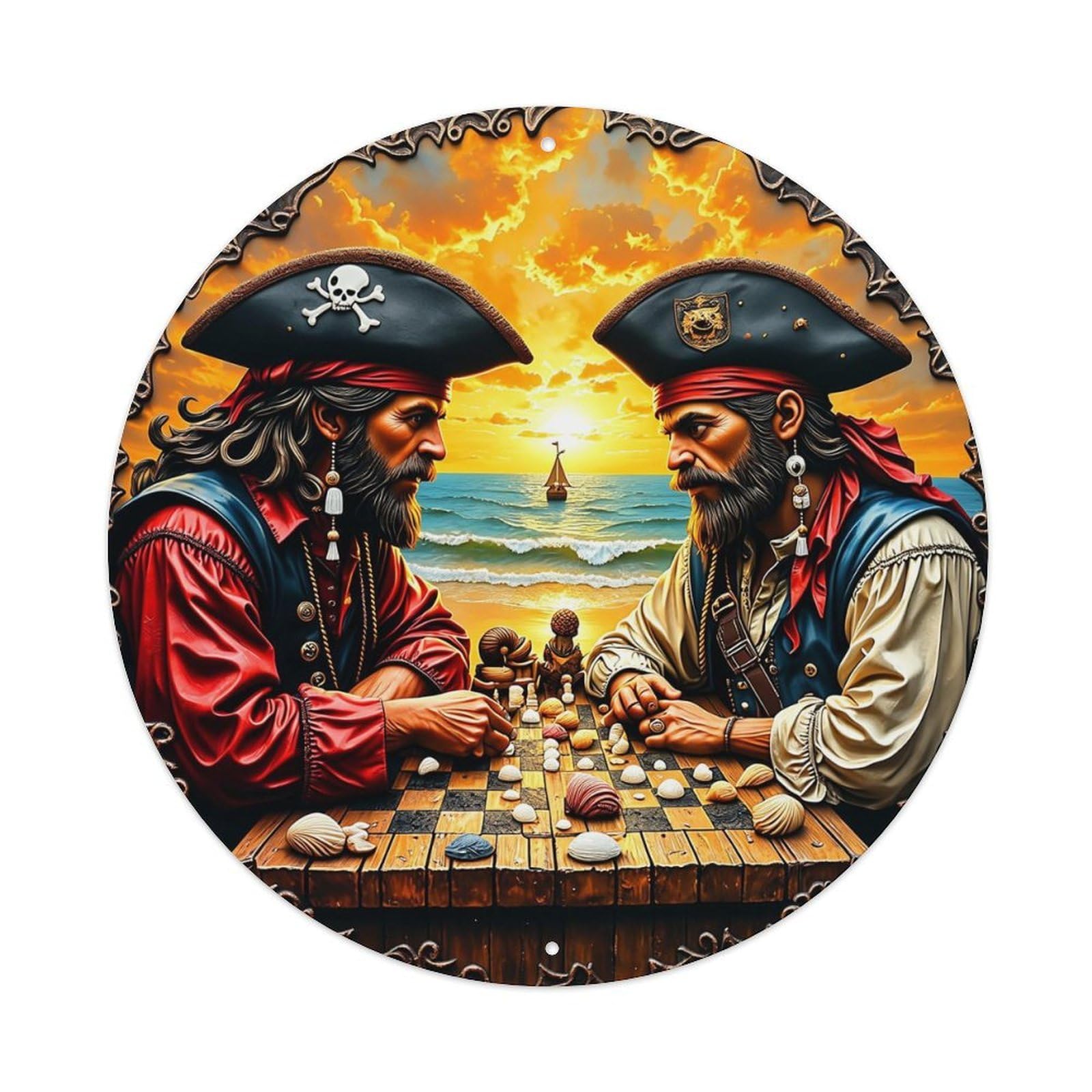 Pirate Chess Sunset Sea Battle Retro Metal Sign Round Tin Sign, Vintage Decor Art Poster for Bar, Home, Man Cave, Kitchen, Laundry Room Gift 8x8Inch