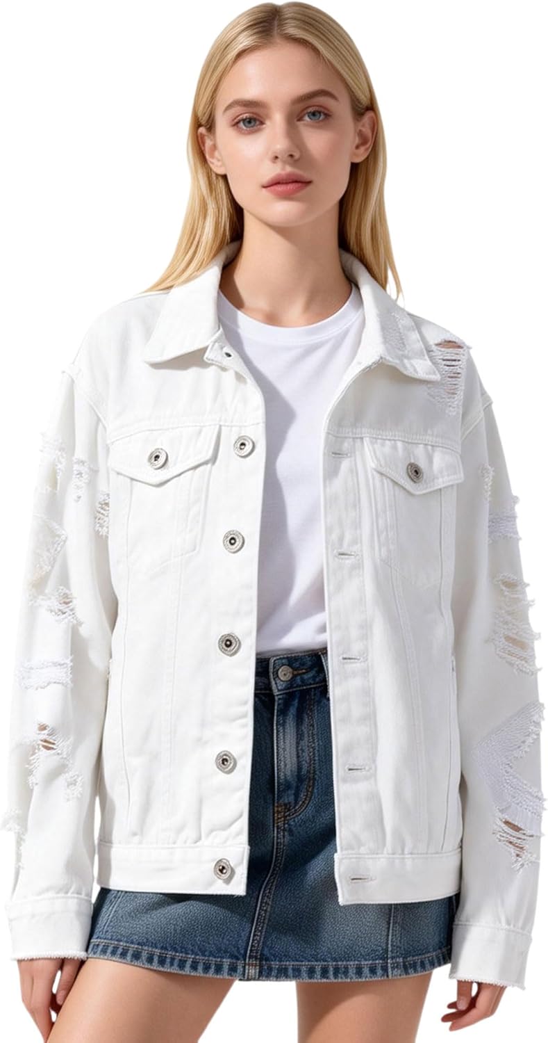 Womens Cute Solid Distressed Ripped Long Sleeve Denim Jean Jacket Coat Plus Size