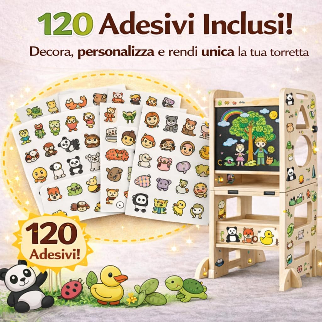 Torre Montessoriana Pieghevole 3 in 1 in Legno - Scala Montessori Stabile e Antiscivolo, Lavagna e Tavolino per Bambini di 18 Mesi per Stimolare Autonomia e Creatività (120 Adesivi Inclusi) - 4
