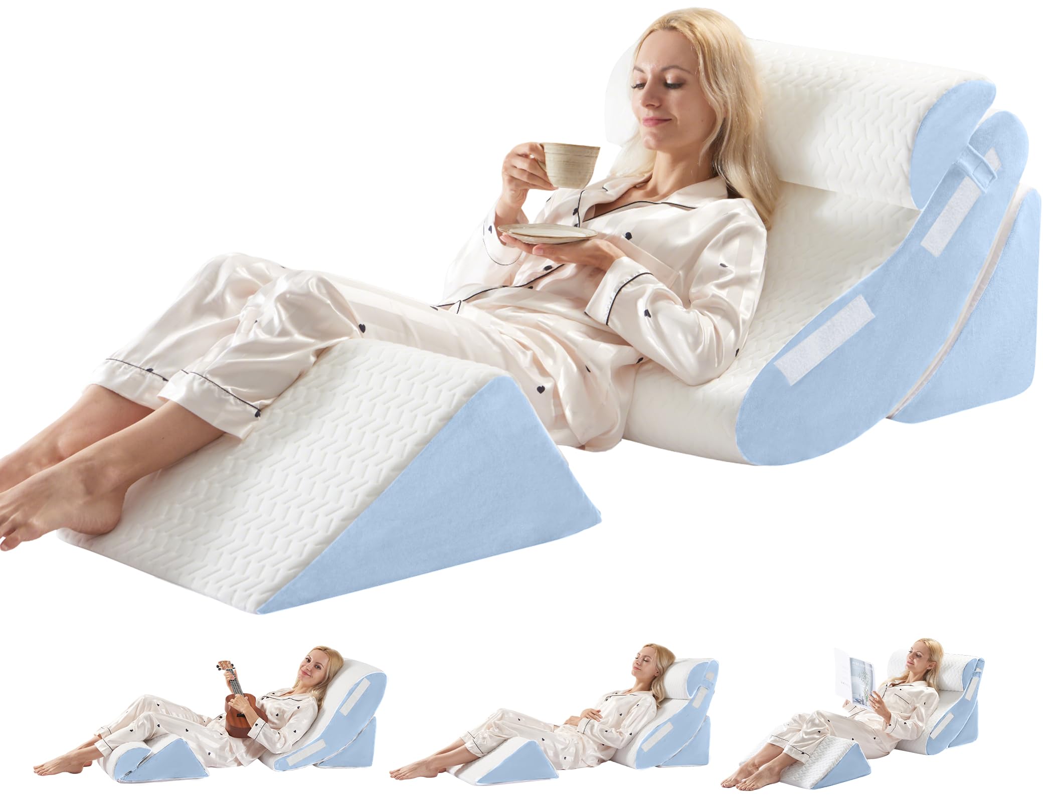 Juego de 4 almohadas de cuña para dormir, almohada ortopédica para después de la cirugía, soporte de espuma viscoelástica ajustable para sentarse en la cama, dolor de espalda, ERGE, alivio de