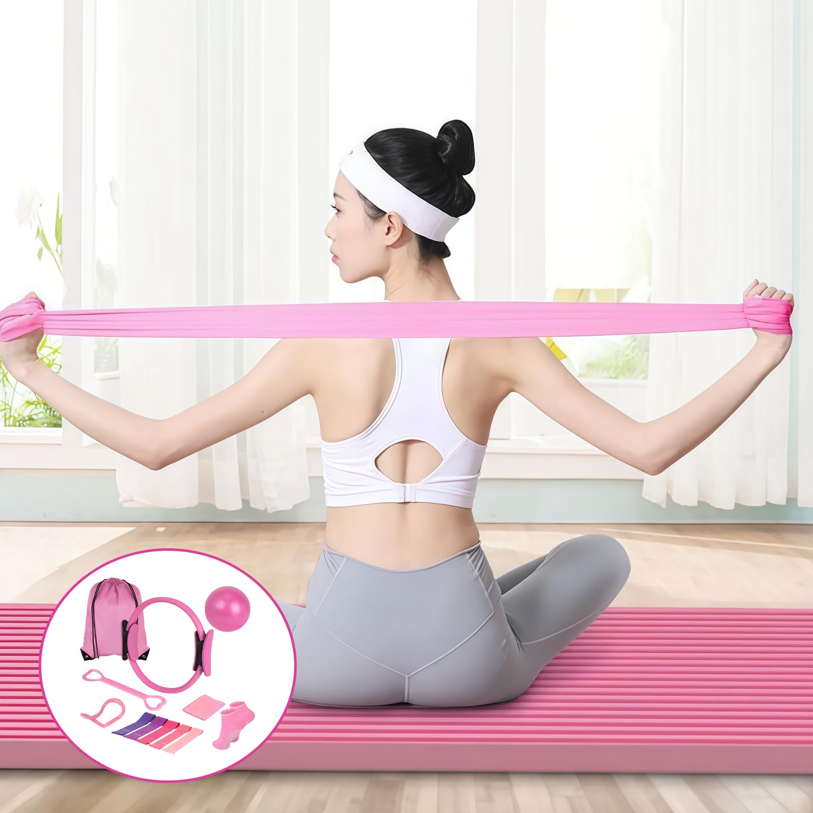 Leikurvo Kit de Pilates Essential de 13 pièces pour femme avec balle de Pilates, bandes de résistance, chaussettes, anneau de Pilates et accessoires pour étirement et fitness (rose)