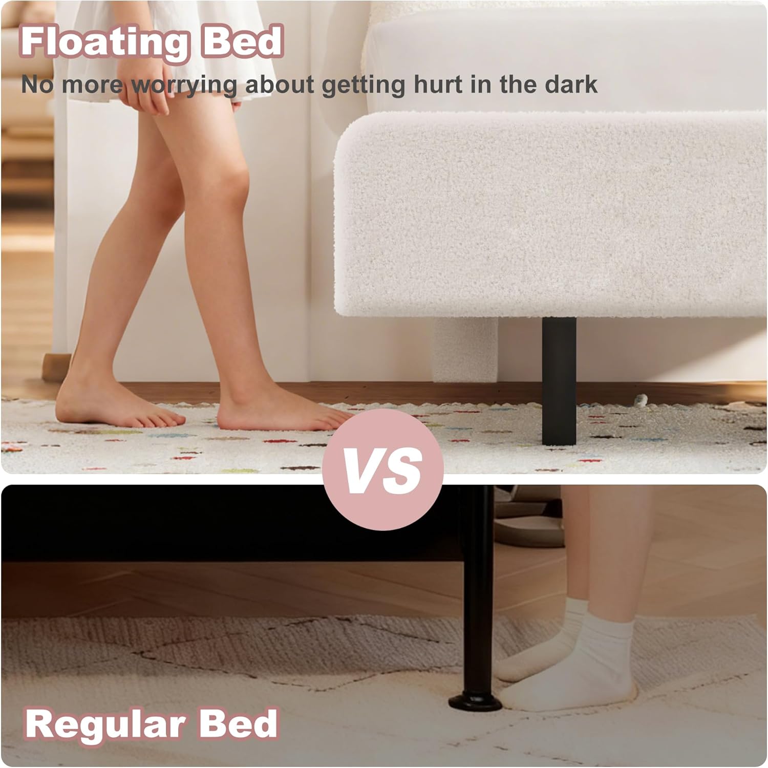 Cookie Full Upholstered Bed Frame with LED Lights, Floating Bed Frames with Adjustable Headboard and Raised Footboard for Princess/Prince Bedroom, Teddy Velvet（White）