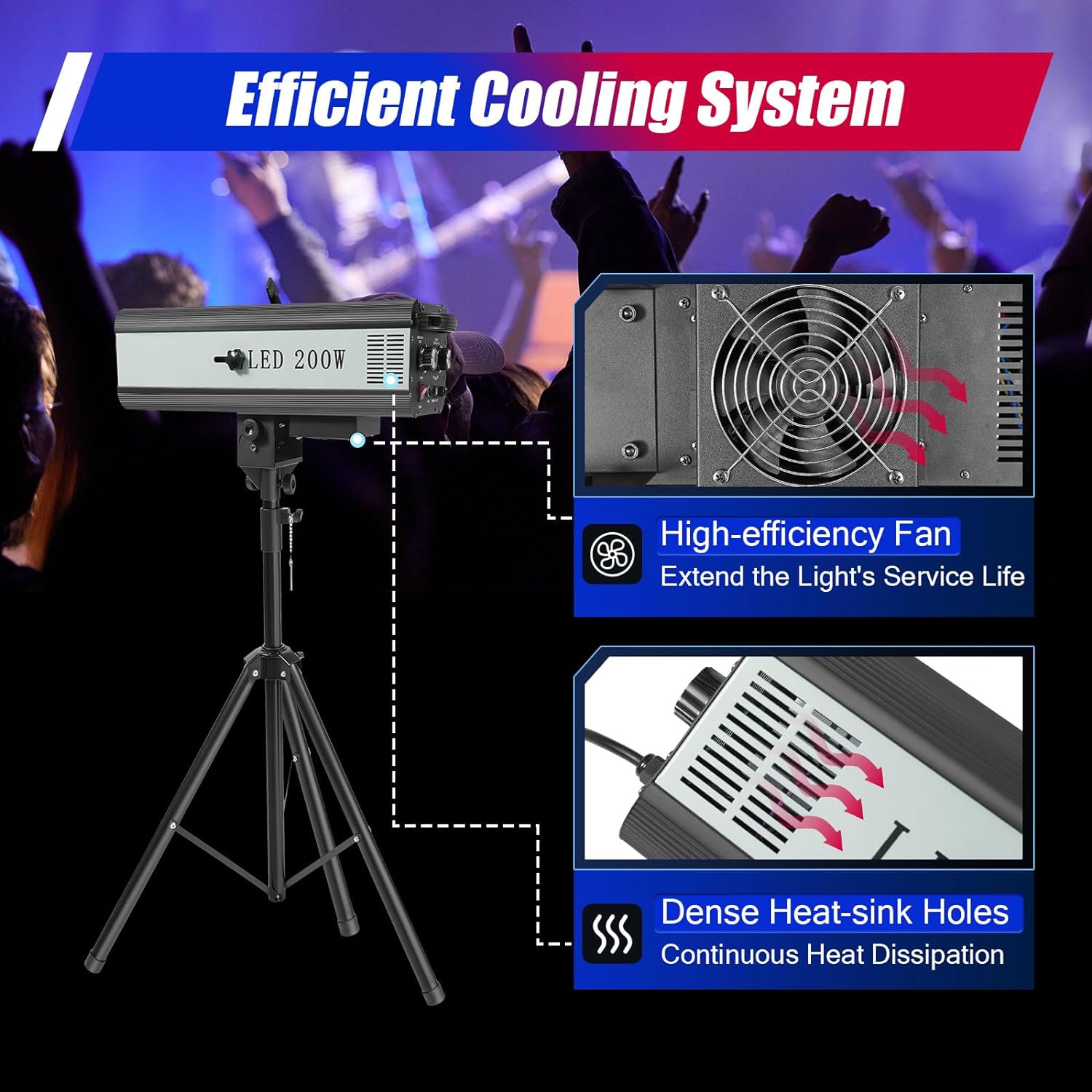 LOYALHEARTDY 200W LED Follow Stage Spot Light showing its efficient cooling system with a high-efficiency fan and dense heat-sink holes