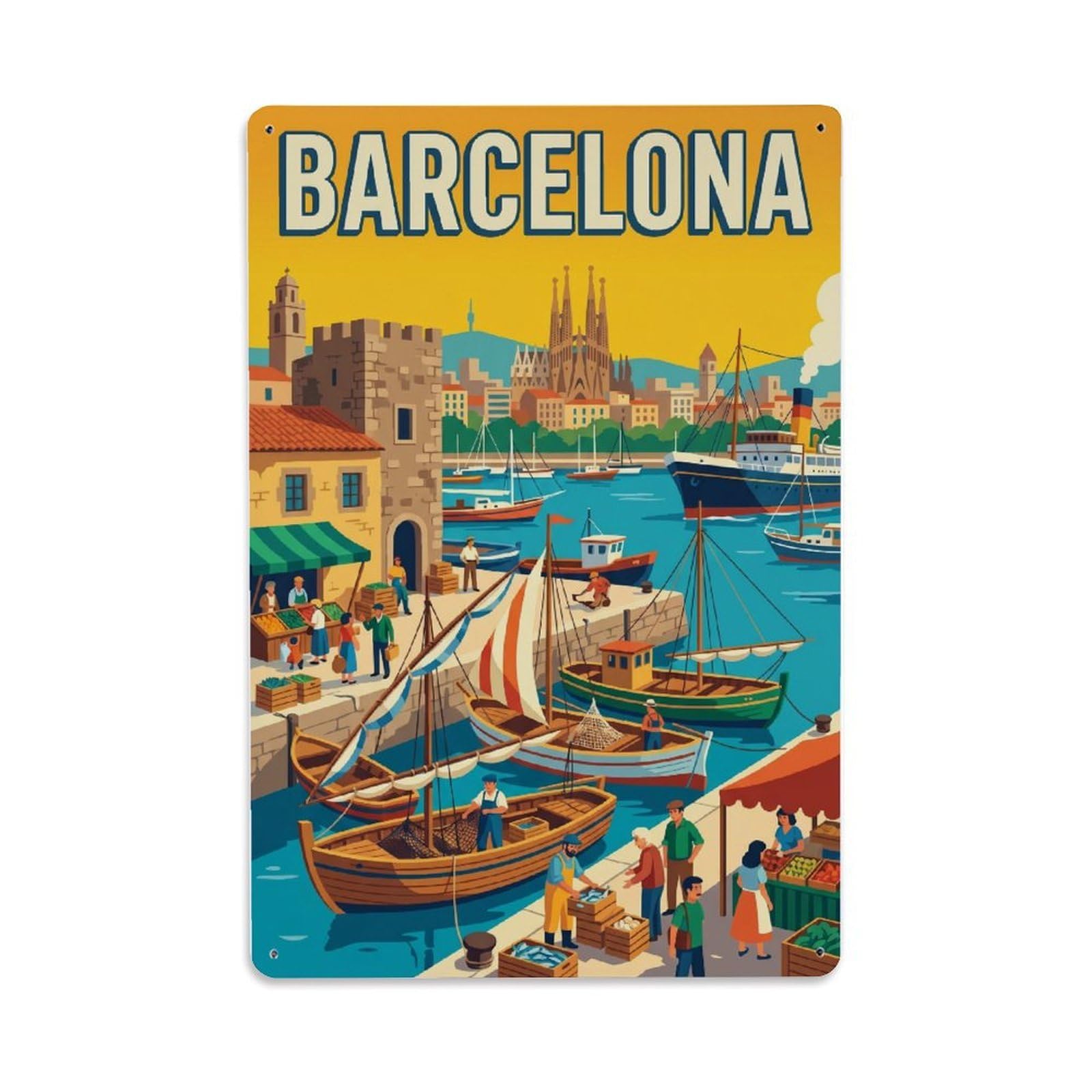 Vintage Travel Wharf Spain Bustling Metal Tin Sign Plaque Wall Decor for Cafe, Club Bar, Office, Home Garden Metal Poster 8x12Inch