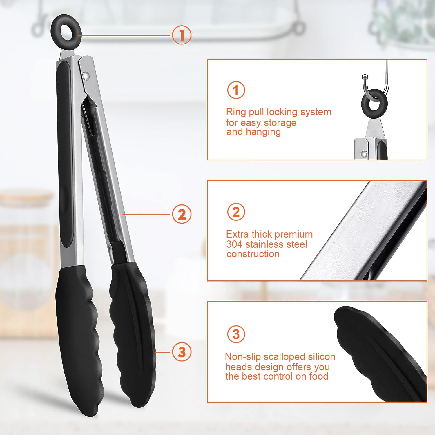 Pinze Da Cucina Non Graffianti Set 2 Pinze Per Pasta In Acciaio Inox Con Punte In Silicone - 22,9 Cm E 30,5 Cm, Antiscivolo, Per Cucina E Barbecue Pinza Spaghetti Acciaio Inox 30.5 Cm