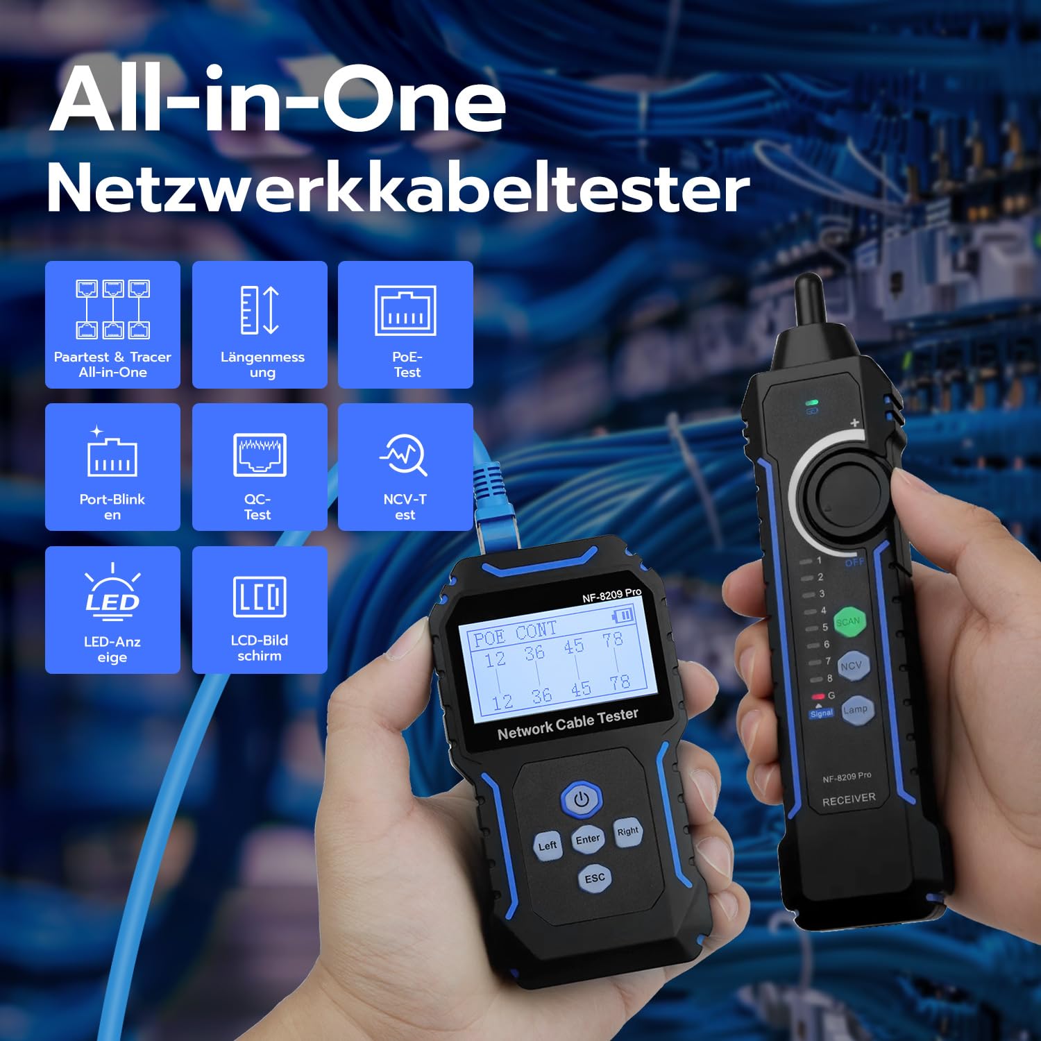 Mcbazel Netzwerk Kabeltester mit POE/NCV, Kabellängenmessung, Port-Blitz, Kabel Tracker
