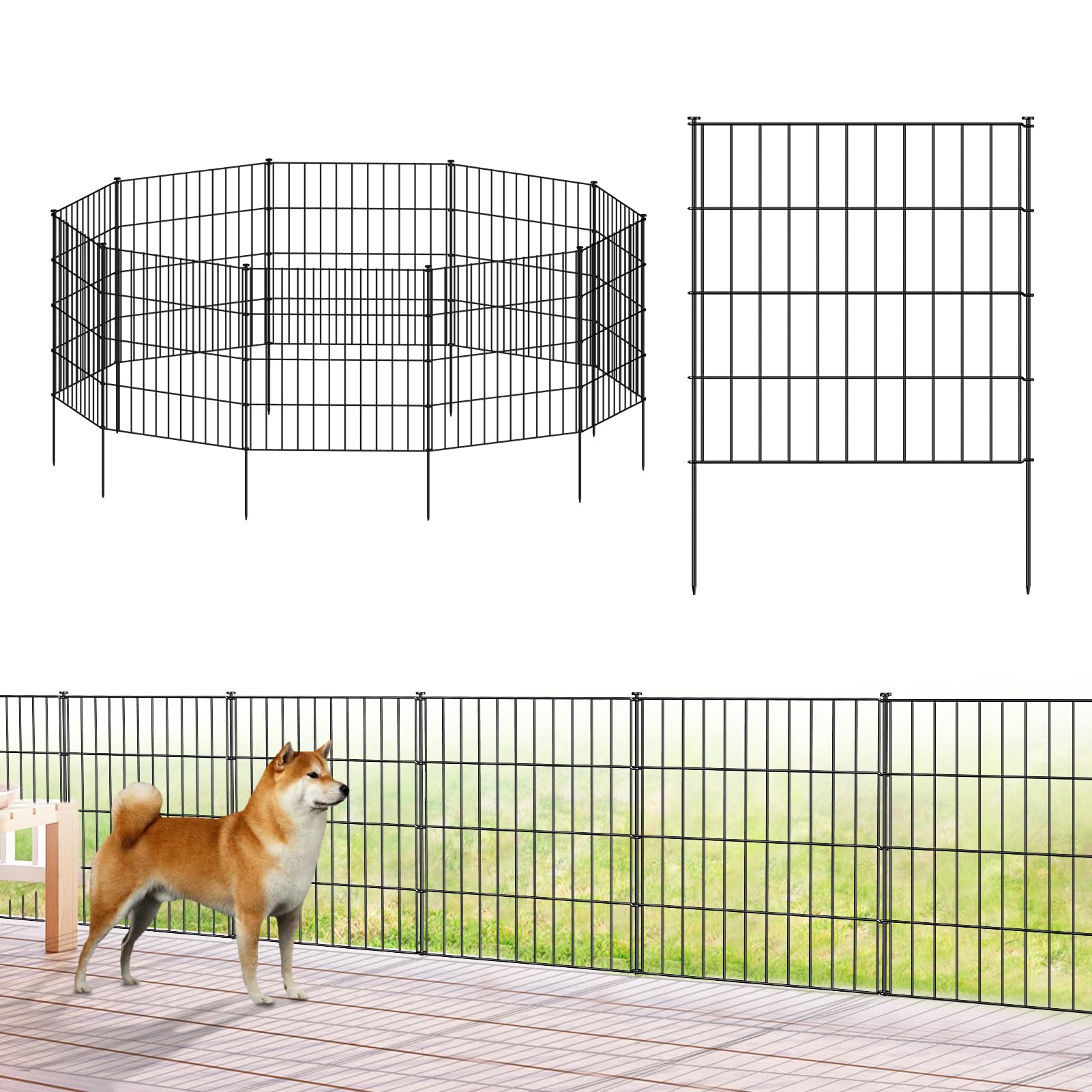 Metal Garden Fence 28in (H) x 23.3ft (L), 10 Panels + 11 Stakes Dog Fence Border Fence Animal Barrier, No Dig Garden Fencing for Yard Flower Bed Lawn Patio Outdoor, PIN282810 Black