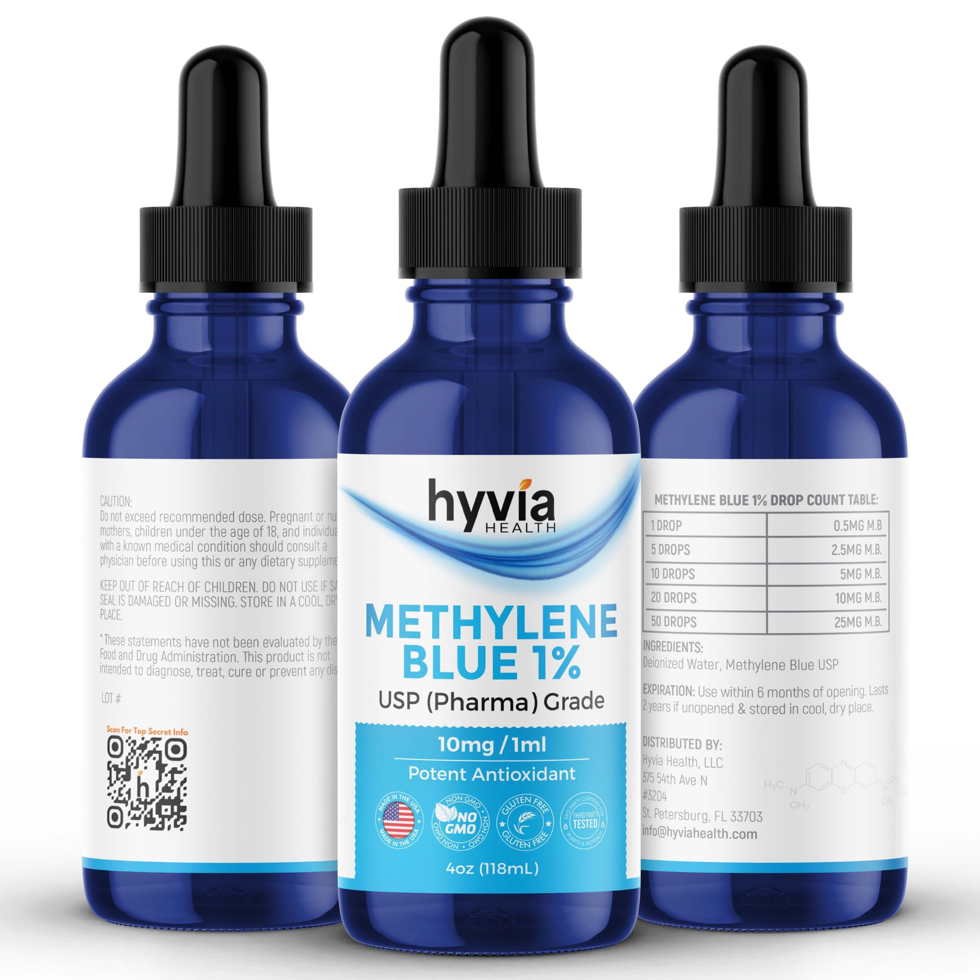 Methylene Blue 1% Value Size USP Pharmaceutical Grade for Humans - 99.99% Purity - Third-Party Tested, ISO-Certified, Formaldehyde & Alcohol Free Liquid Drops - 4fl oz (118mL) with Dropper