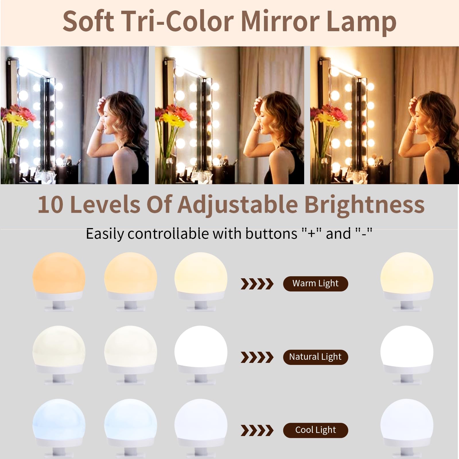 Lumière de Miroir Hollywood - Kit de 10 Ampoules LED Dimmables pour Coiffeuse - 3 Couleurs d'Éclairage - Lampe Amovible pour Maquillage