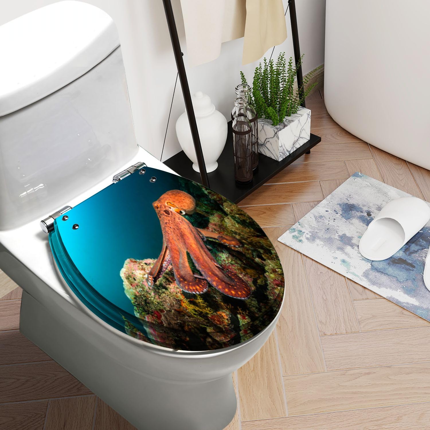 Round Toilet Seat octopus blue water coral Resin Toilet Seat Quietly Slow Close with Quick-Release Hinges Toilet Seat with Cover Easy to Clean Install
