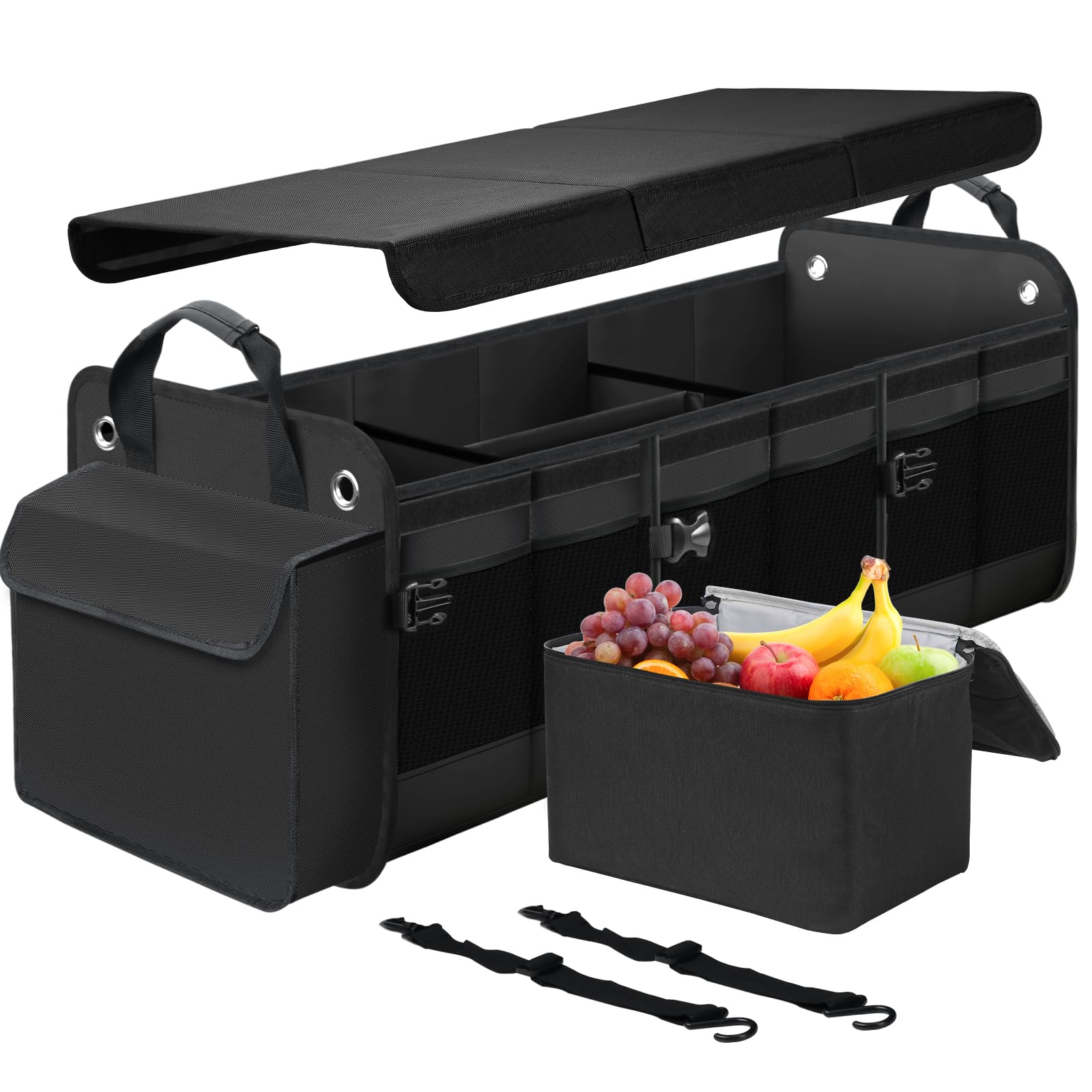 MOJIOO Large Trunk Organizer for Car, SUV, Truck with Removable Cooler Bag-Collapsible Multi Compartments w/Foldable Cover, Non Slip Bottom Cargo Storage (Black)