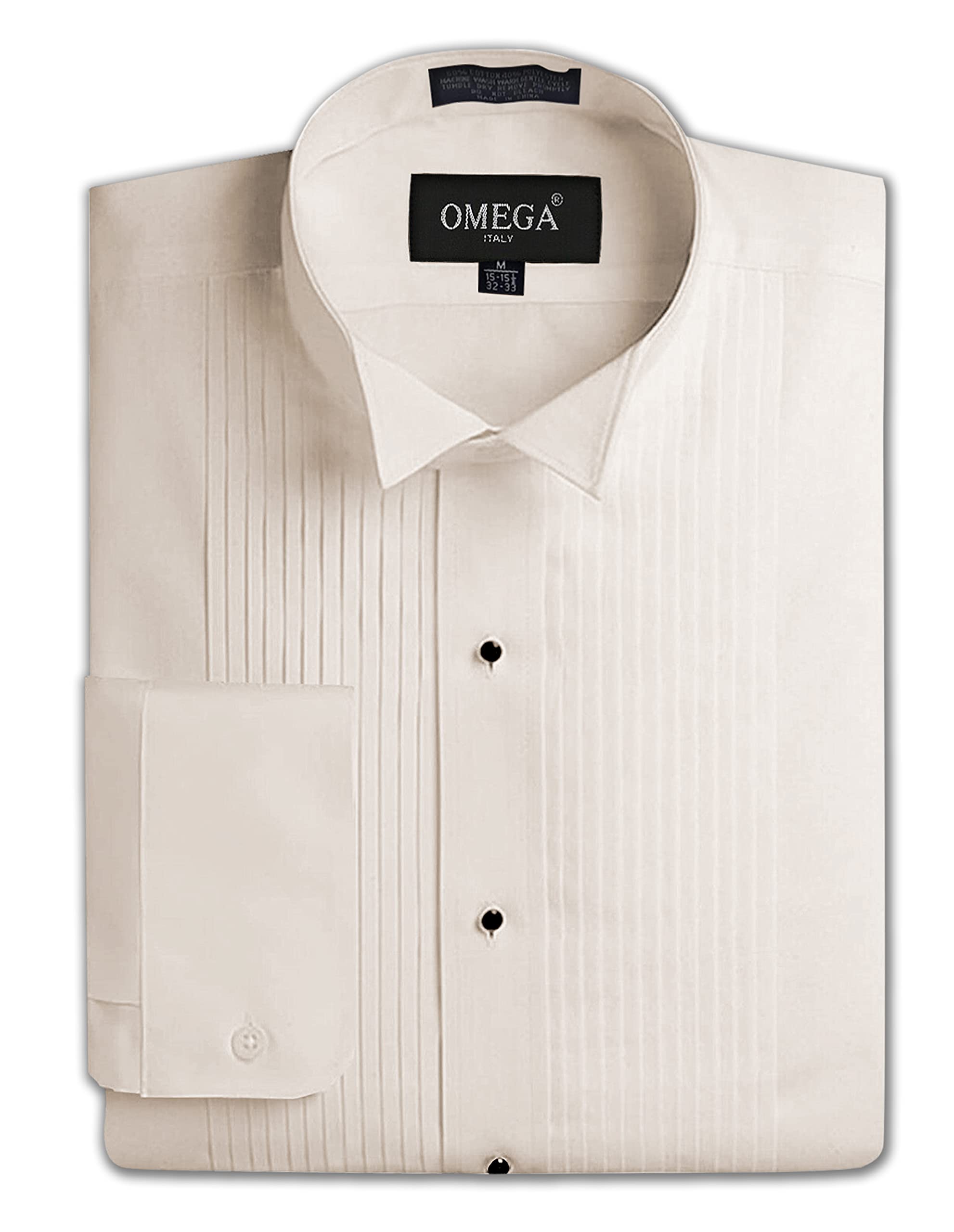 Omegatux Men's Ivory Formal Wing Collar Tuxedo Shirt, 1/4" Pleat, 21.5" Neck 37" Sleeve