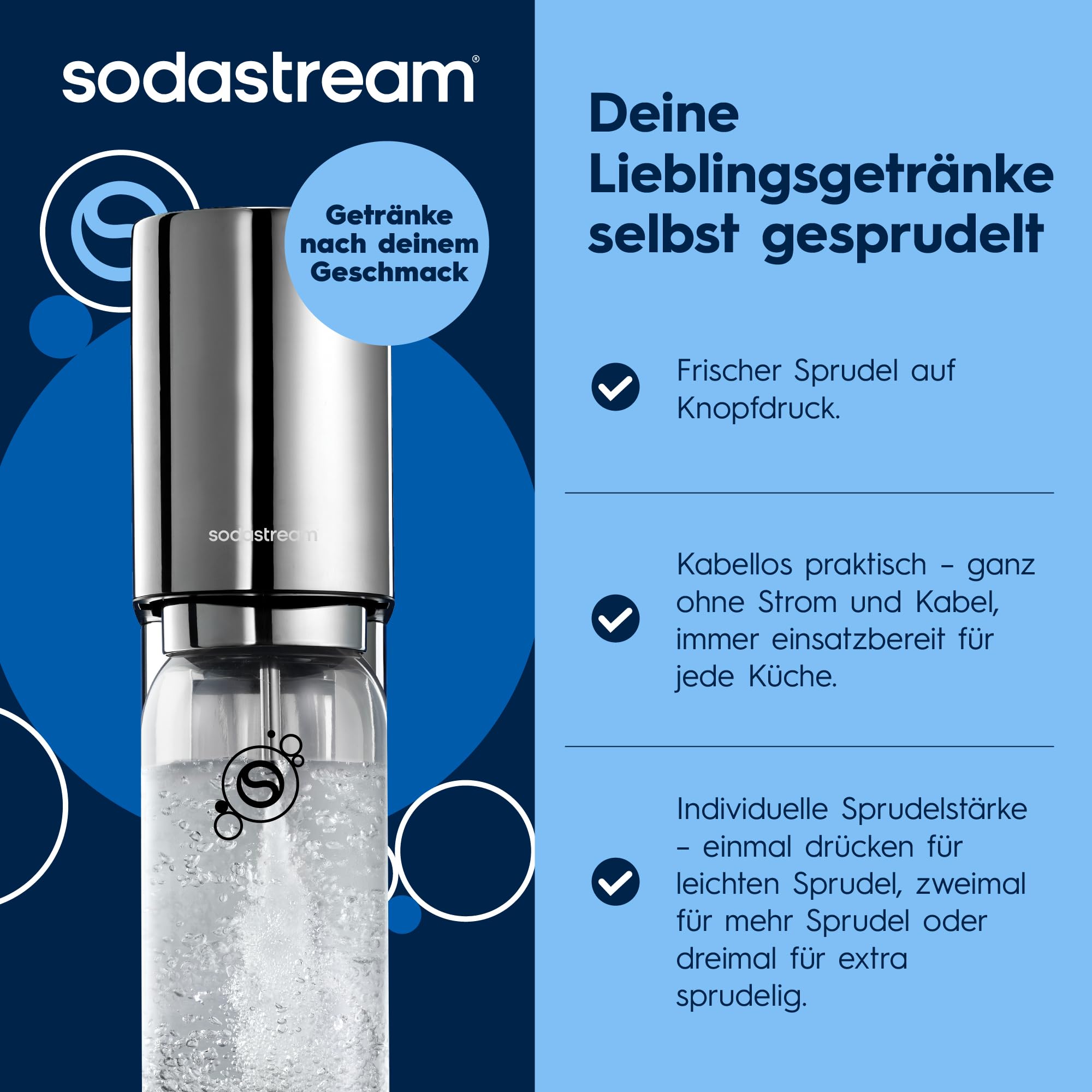 Sodastream ENSO Wassersprudler, Edelstahl Wassersprudler mit Quick Connect CO2-System, inkl. 1 CO2-Zylinder für bis zu 60L Sprudelwasser und 1 ENSO Sprudlerflasche, Sprudelwasser Maschine, Silber