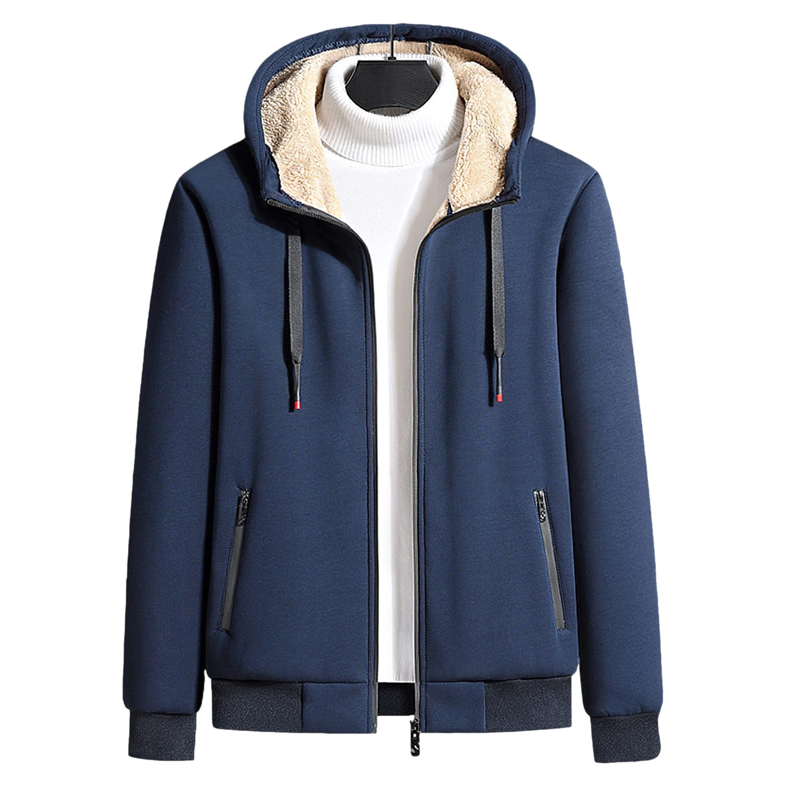 Uomo Inverno Tuta da Ginnastica in Cotone Foderata in Pile Giacca con Cappuccio e Pantaloni Sportivi con Tasche con Zip