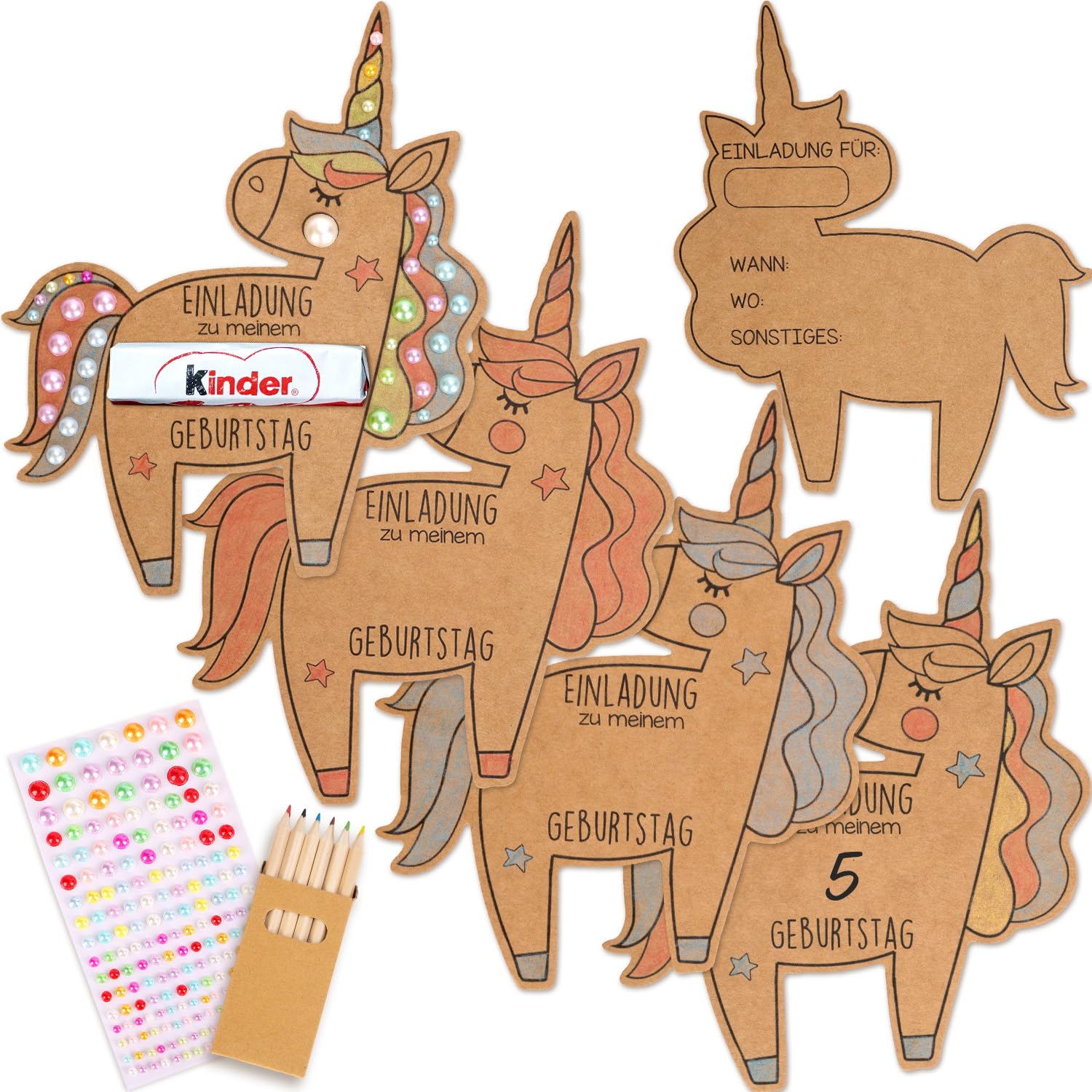 KKSJK Einladungskarten Kindergeburtstag, 15pcs Einladung Geburtstag Kraftpapier mit Buntstifte, Einhorn/Dino Geburtstagseinladungen Kinder Bastelset, Partyeinladungen für Jungen Mädchen (Einhorn)