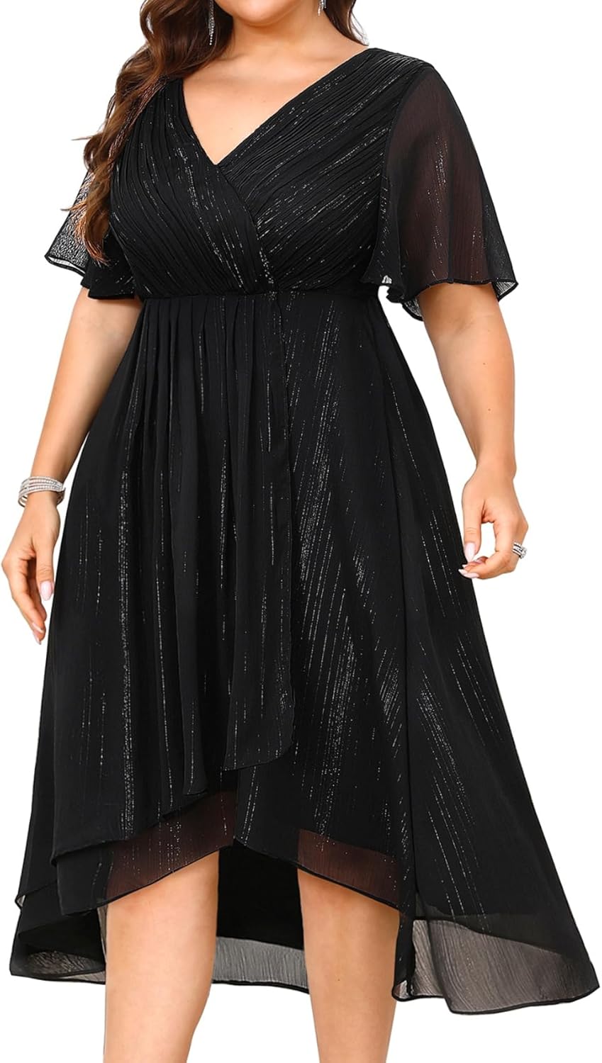 Plus Size Cocktail Dress - Formal Wedding Guest Fall Long Sleeve A Line Pleated V Neck Midi Dresses for Curvy Women - Image 4