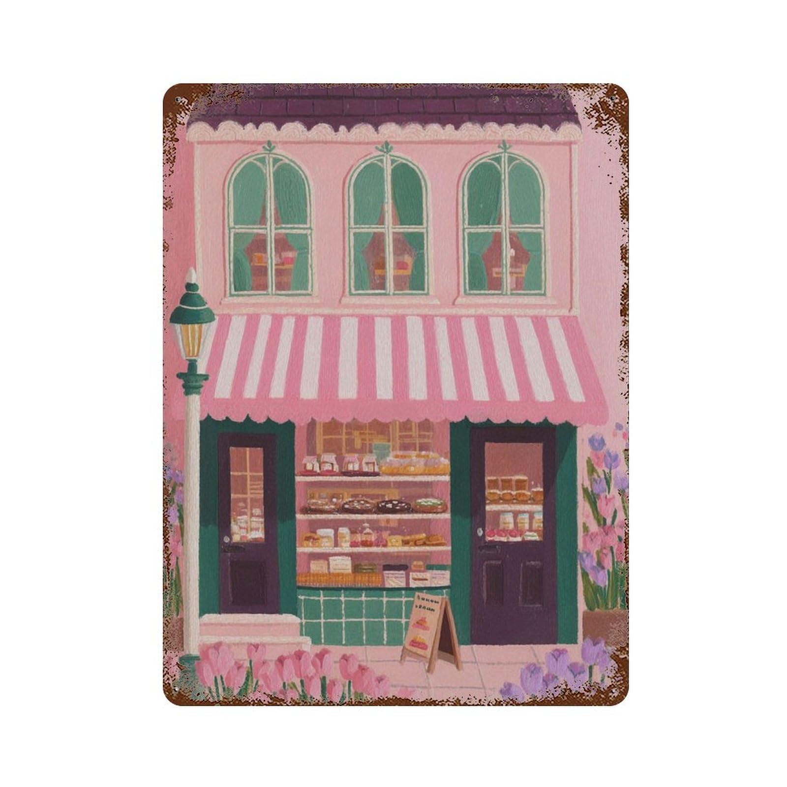 xiaoxiaoshen Paris Bakery Pink Patisserie French Café Street Scene Whimsical Parisian Work Wall Decor Art Metal Tin Poster Modern Home Decor Art Home Bar Shop Decorations Vintage Sign 40x30cm