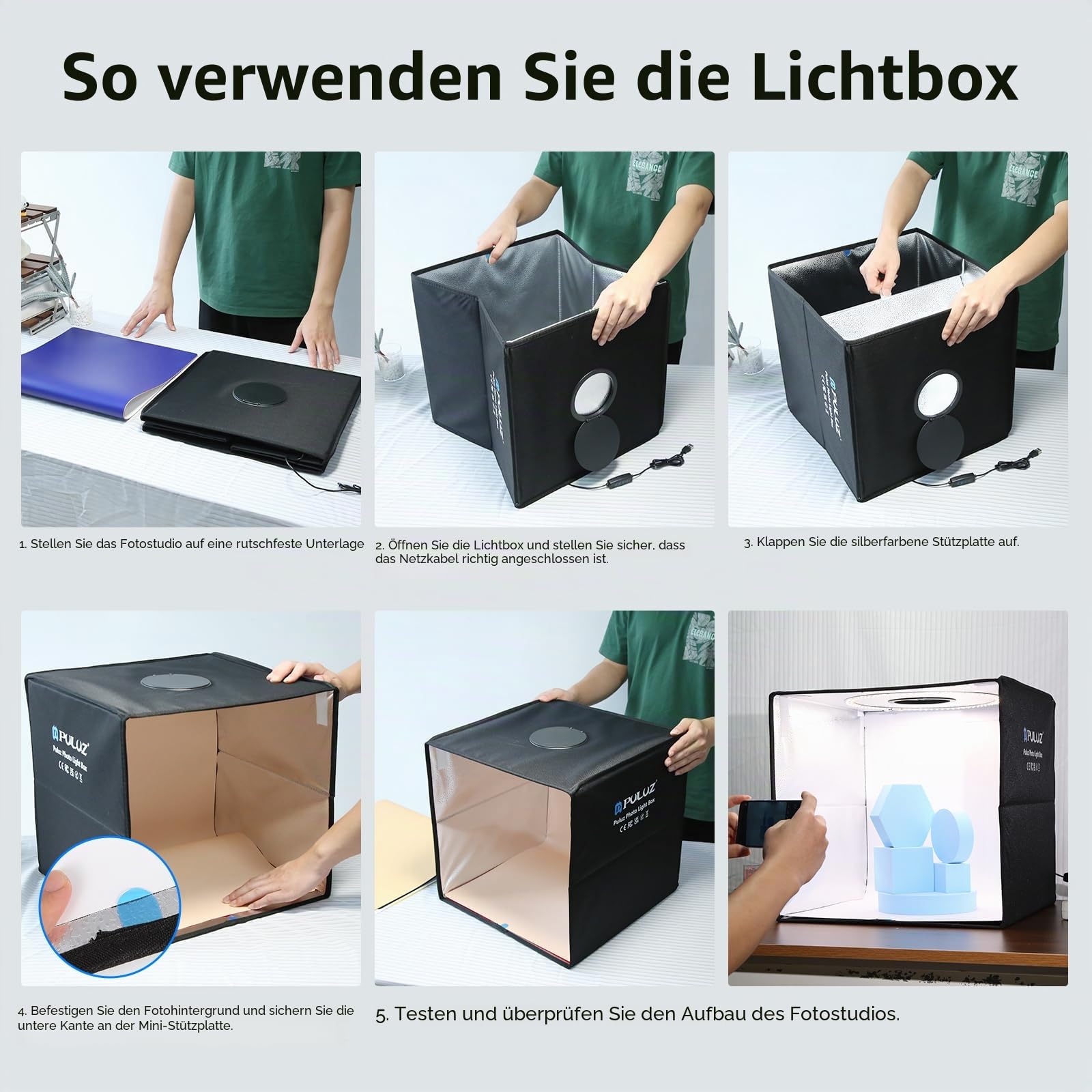 PULUZ Fotostudio Fotobox Light Box 40×40 cm Tragbare 15.75 inch Foto Lichtbox mit dimmbarem LED-Ringlicht 3 Farbtemperaturen 12 Hintergründe Lichtzelt Set für Produktfotografie
