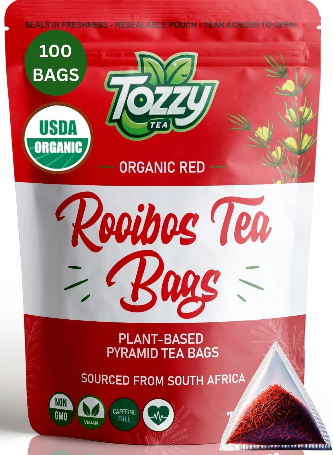 Tozzy Organic Red Rooibos Tea - 100 Plant-Based Pyramid Bags | Eco-Friendly Packaging
