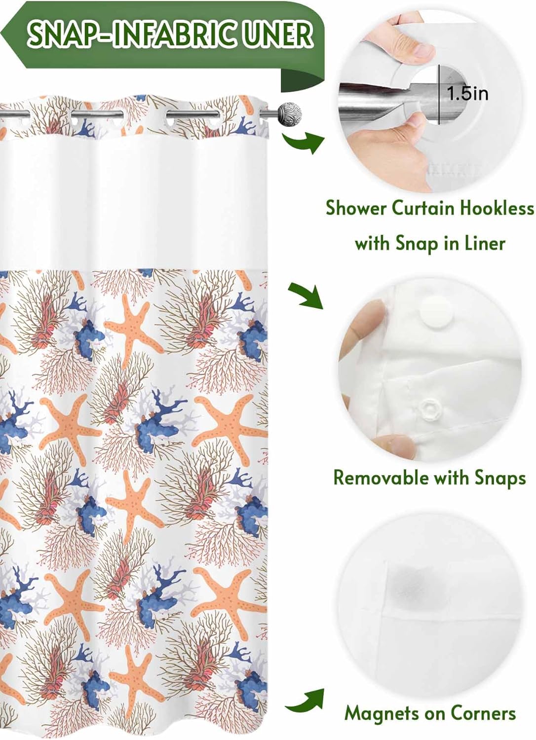 No Hook Shower Curtain with Snap in Liner, Summer Ocean Starfish Coral Waterproof Bath Curtain Double Layers with See Through Top Window, Coastal Nautical Marine Themes Hotel Shower Curtains