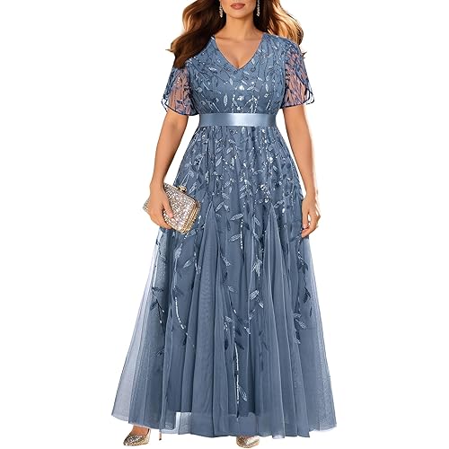 Pinup Fashion Plus Size Formal Dresses - Evening Gowns Wedding Sequin Embroidery V-Neck Prom Long Dress