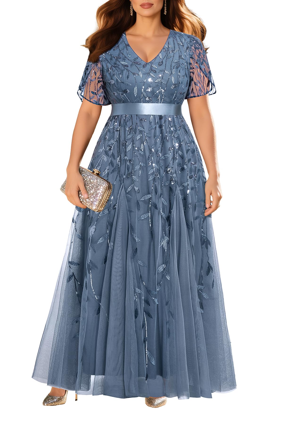 Pinup Fashion Plus Size Formal Dresses - Evening Gowns Wedding Sequin Embroidery V-Neck Prom Long Dress