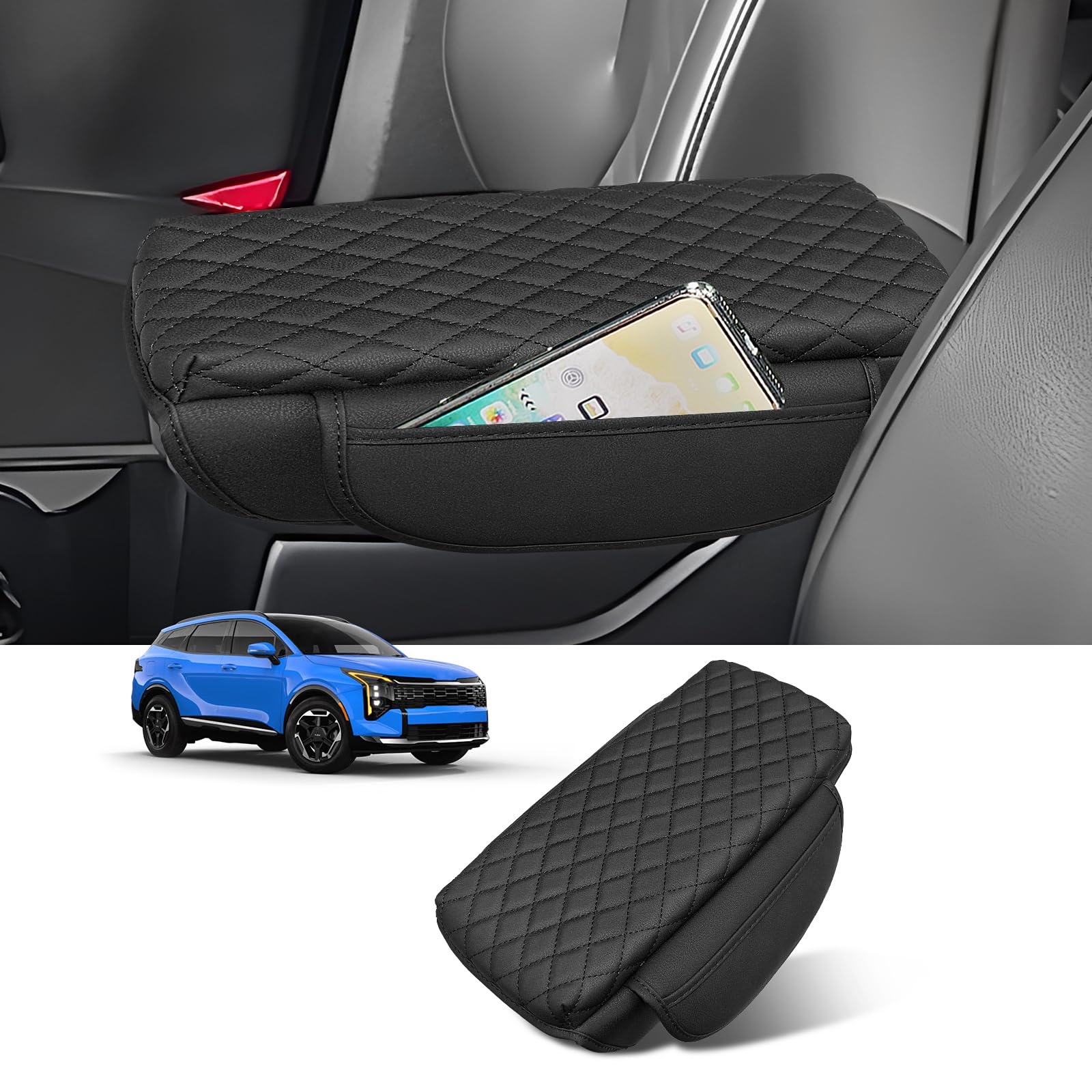 Custom for Center Console Cover Kia Sportage(NQ5) 2023-2026 Armrest Cover Accessories PU Leather Armrest Seat Box Cover Protector with Pockets Storage Bag