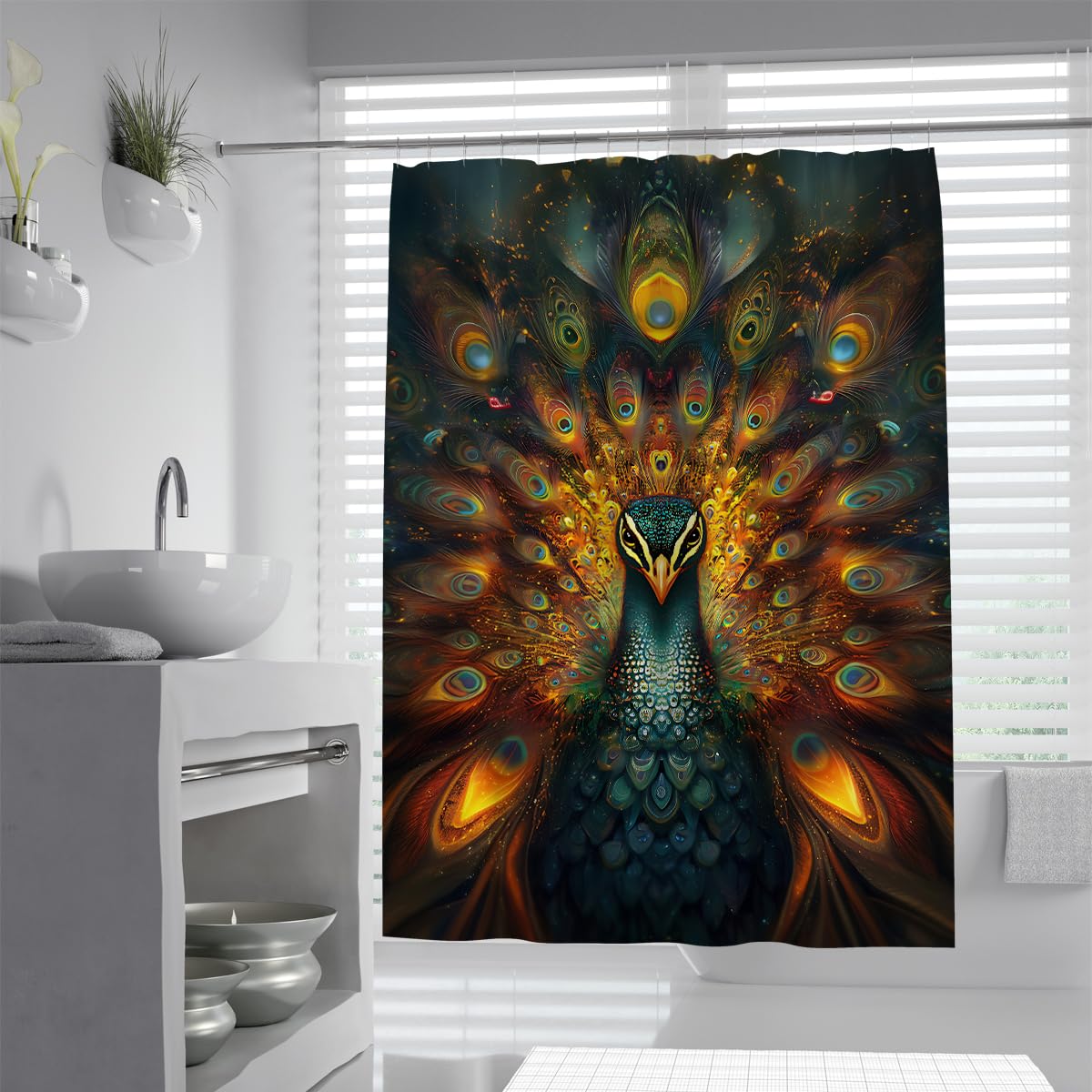 UIRINGART Peacock Bathroom Curtains W100xL180cm Majestic Golden Blue Feathers Luxury Art Waterproof Quick Dry Easy Clean Fabric Shower Curtain Bath Decor with Hooks
