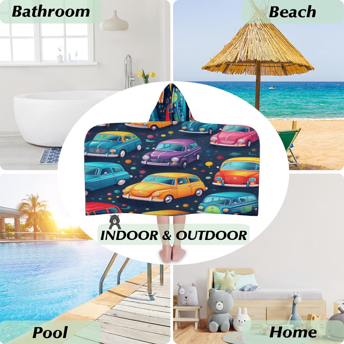 Kids Bath Towel Rainbow Car Beach Towel with Hood Pool Cover Up for Girls Boys Soft Absorbent Hooded Bath Towel Toddler Towels for Beach, Pool