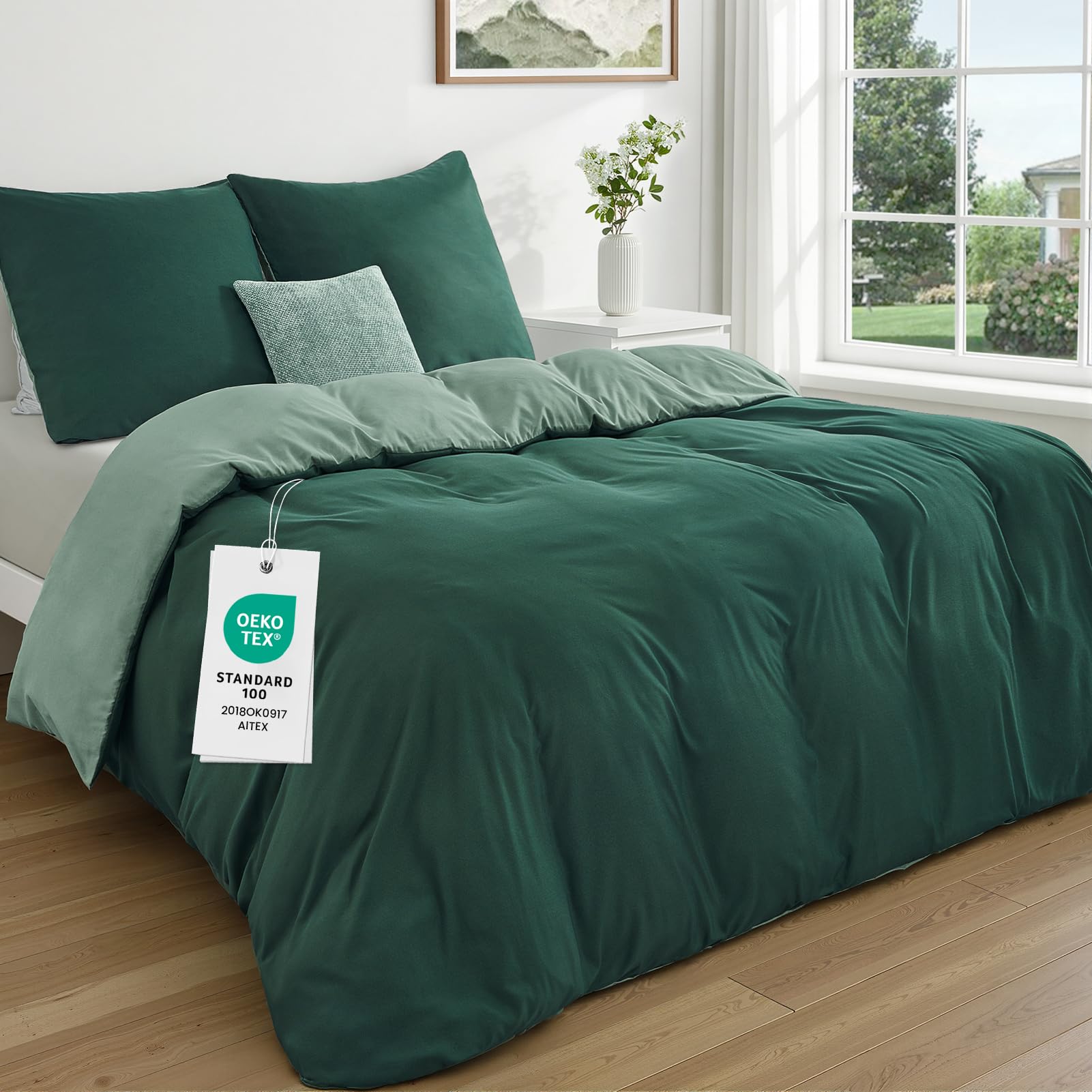 Duvetnova Super King Size Duvet Cover Sets Reversible Soft Brushed Microfiber Bedding Set Dark Green/Sage Green with Zipper Closure OEKO-TEX Wrinkle-Free 260x220cm with 2 Pillow Cases