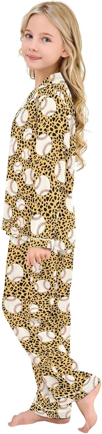 Kids Casual Satin Wear Set Baseball Leopard Print Pattern Unisex Relaxed Fit Clothing